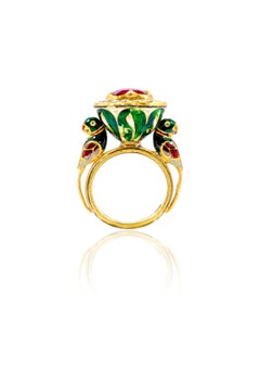 22 Karat Yellow Gold Ruby and Diamond Statement Bird Ring Handcrafted
