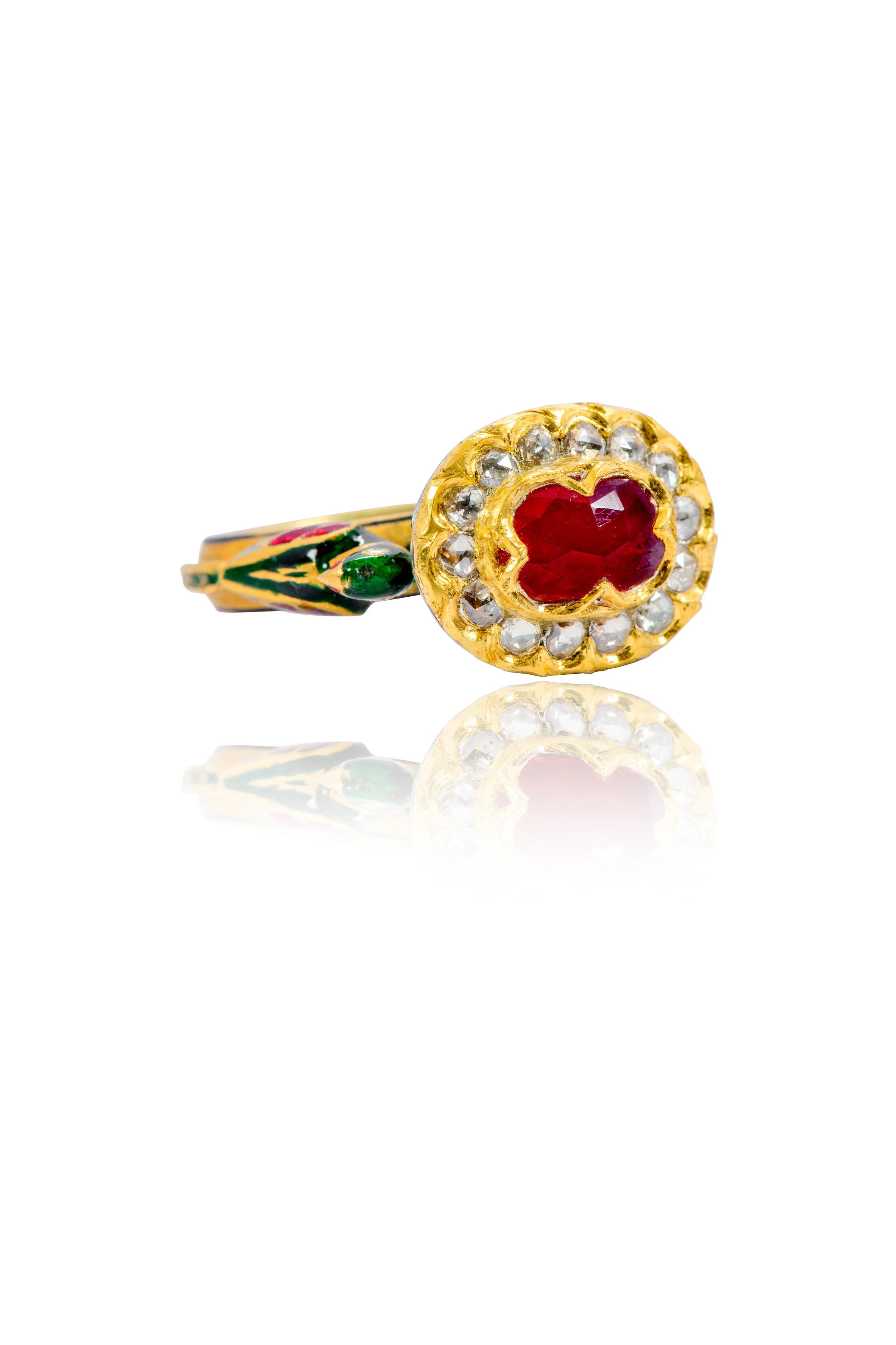 Anglo-Indian 22 Karat Yellow Gold Ruby and Diamond Statement Bird Ring Handcrafted