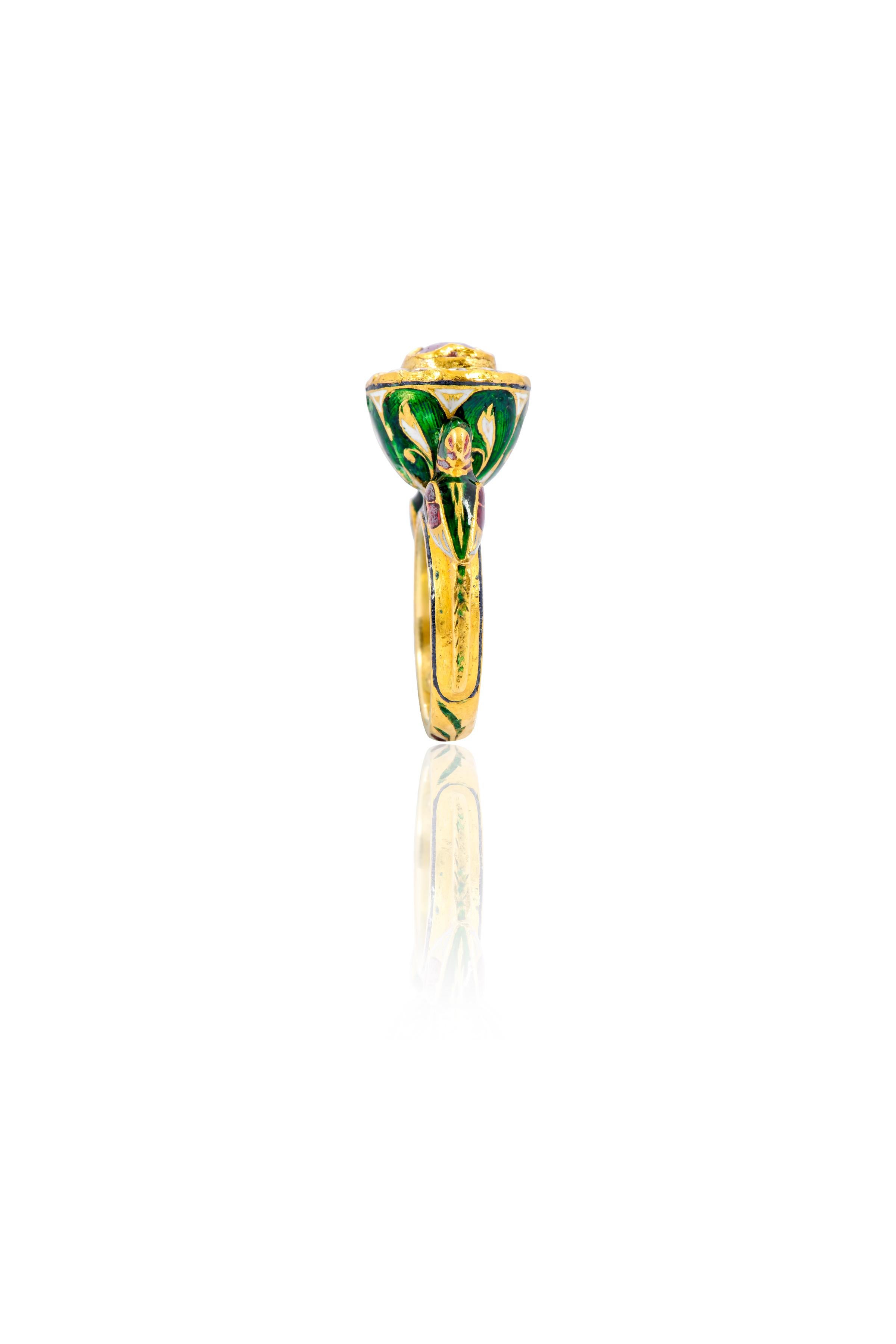Rose Cut 22 Karat Yellow Gold Ruby and Diamond Statement Bird Ring Handcrafted