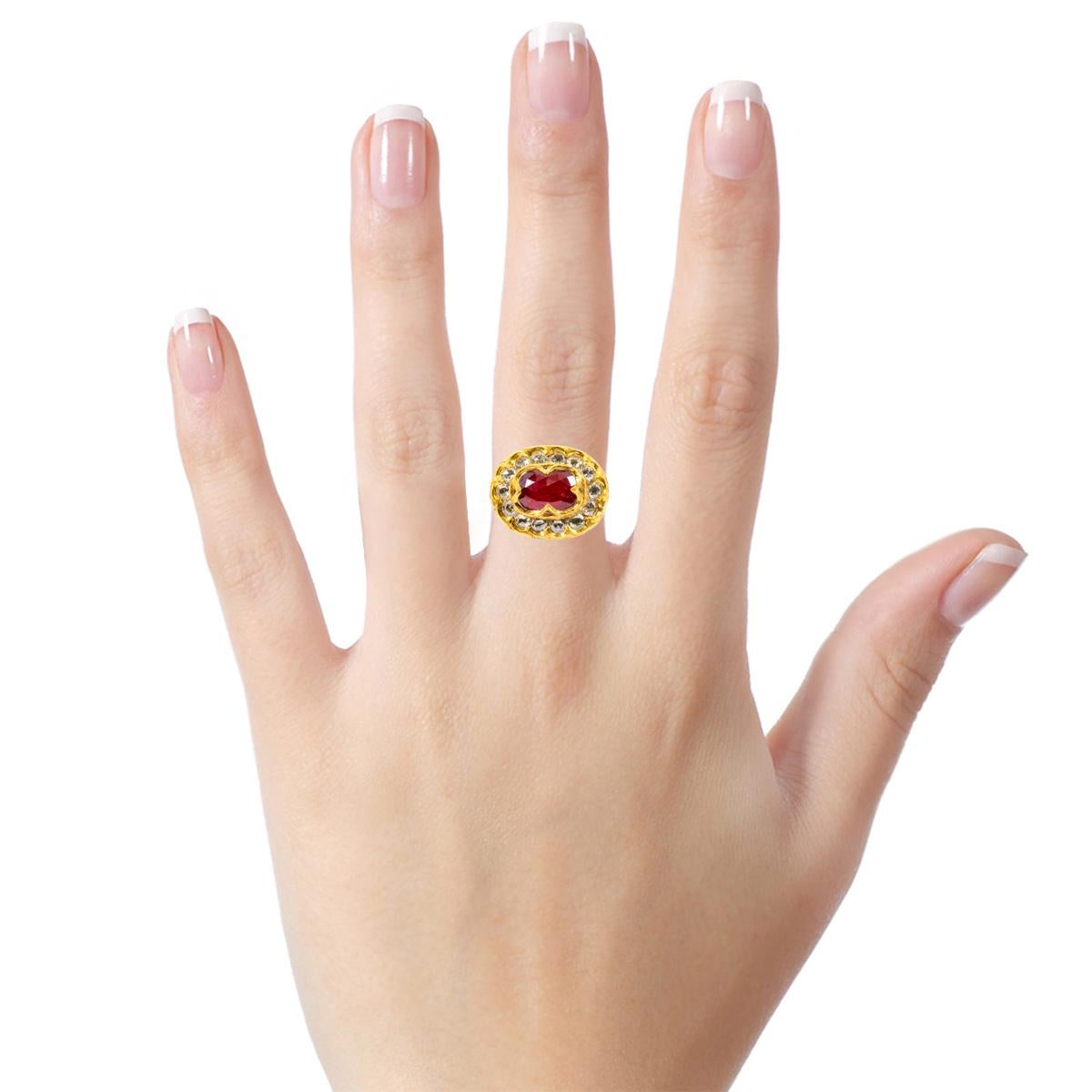 22 Karat Yellow Gold Ruby and Diamond Statement Bird Ring Handcrafted In New Condition In Jaipur, IN