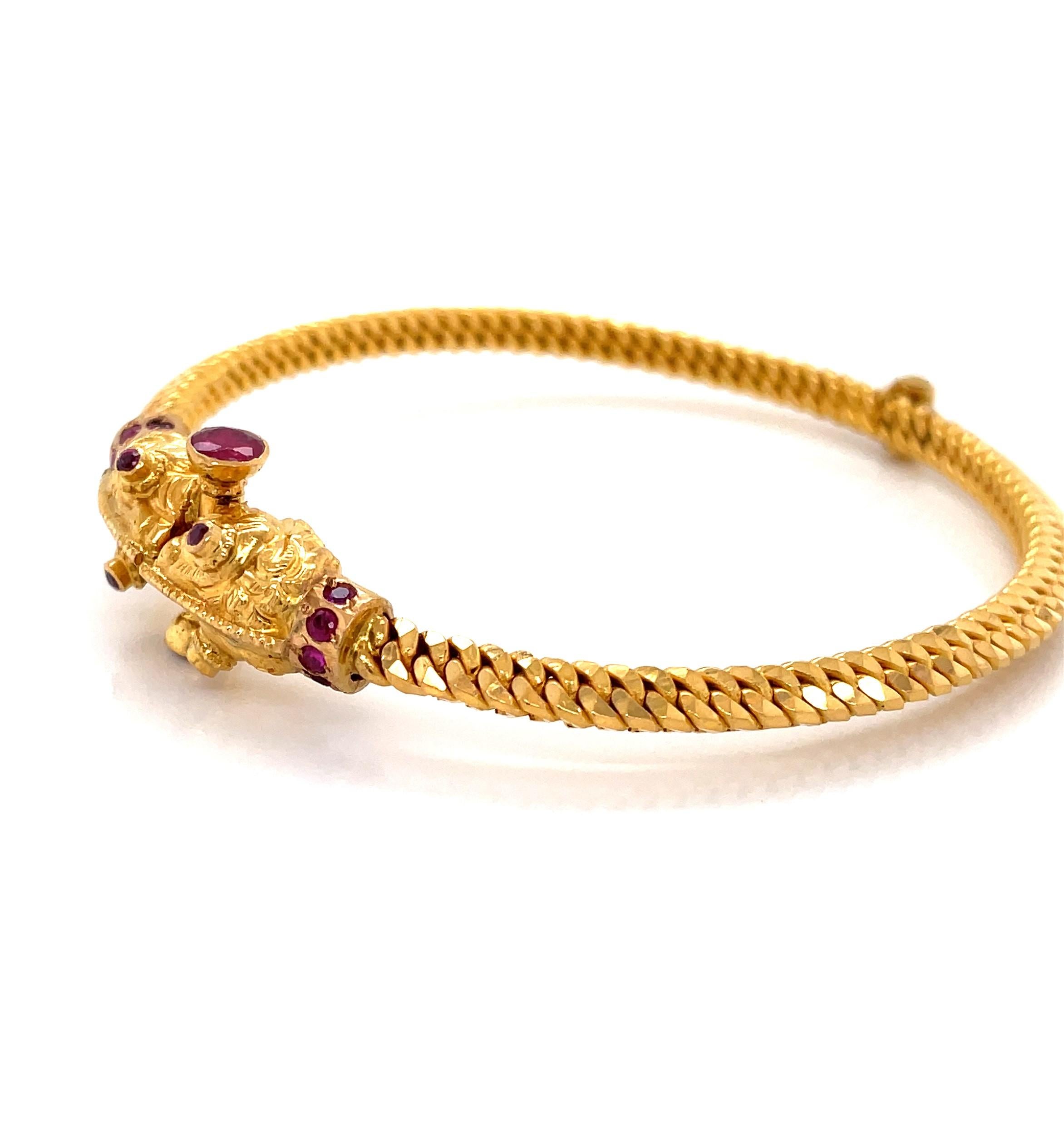  Ruby Serpent 22 Karat Yellow Gold Bangle Bracelet In Good Condition In Mount Kisco, NY