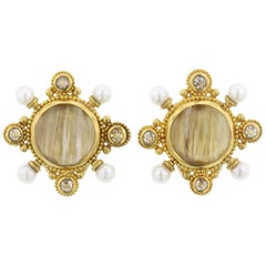 22 Karat Yellow Gold Rutilated Quartz, Cultured Pearl and Diamond Earrings