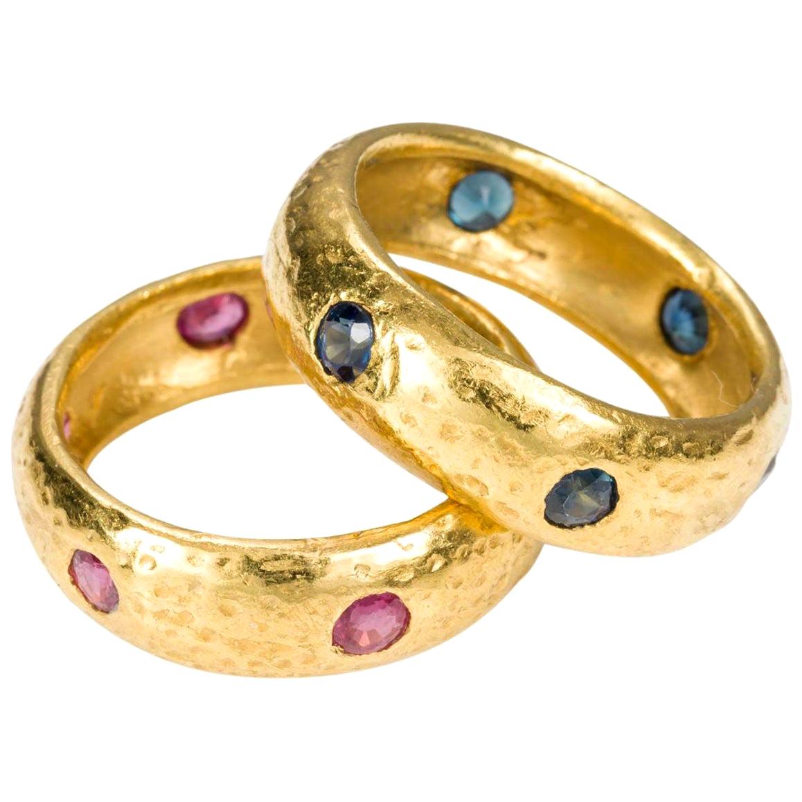22 Karat Yellow Gold Sapphire and Ruby Hammer Band Rings - Size 6.75 For Sale