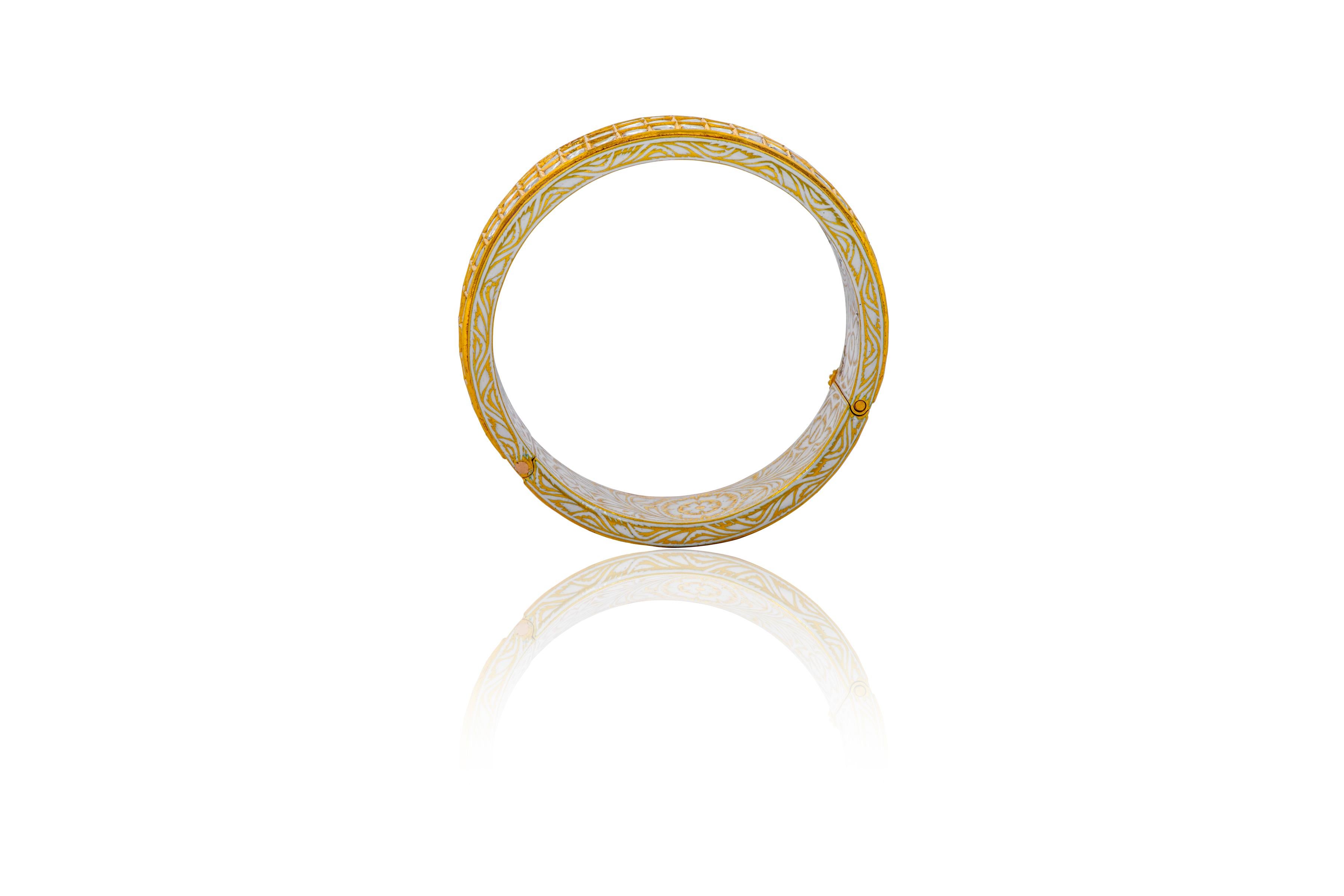 Anglo-Indian 22 Karat Yellow Gold Three Line Diamond and White Enamel Bangle Handcrafted For Sale