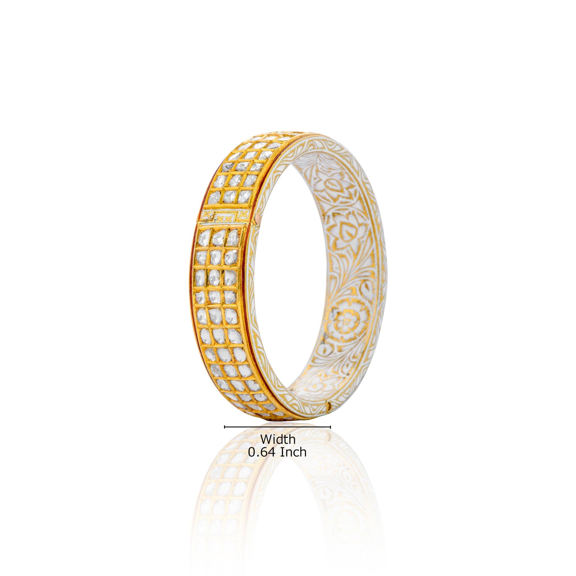 Uncut 22 Karat Yellow Gold Three Line Diamond and White Enamel Bangle Handcrafted For Sale