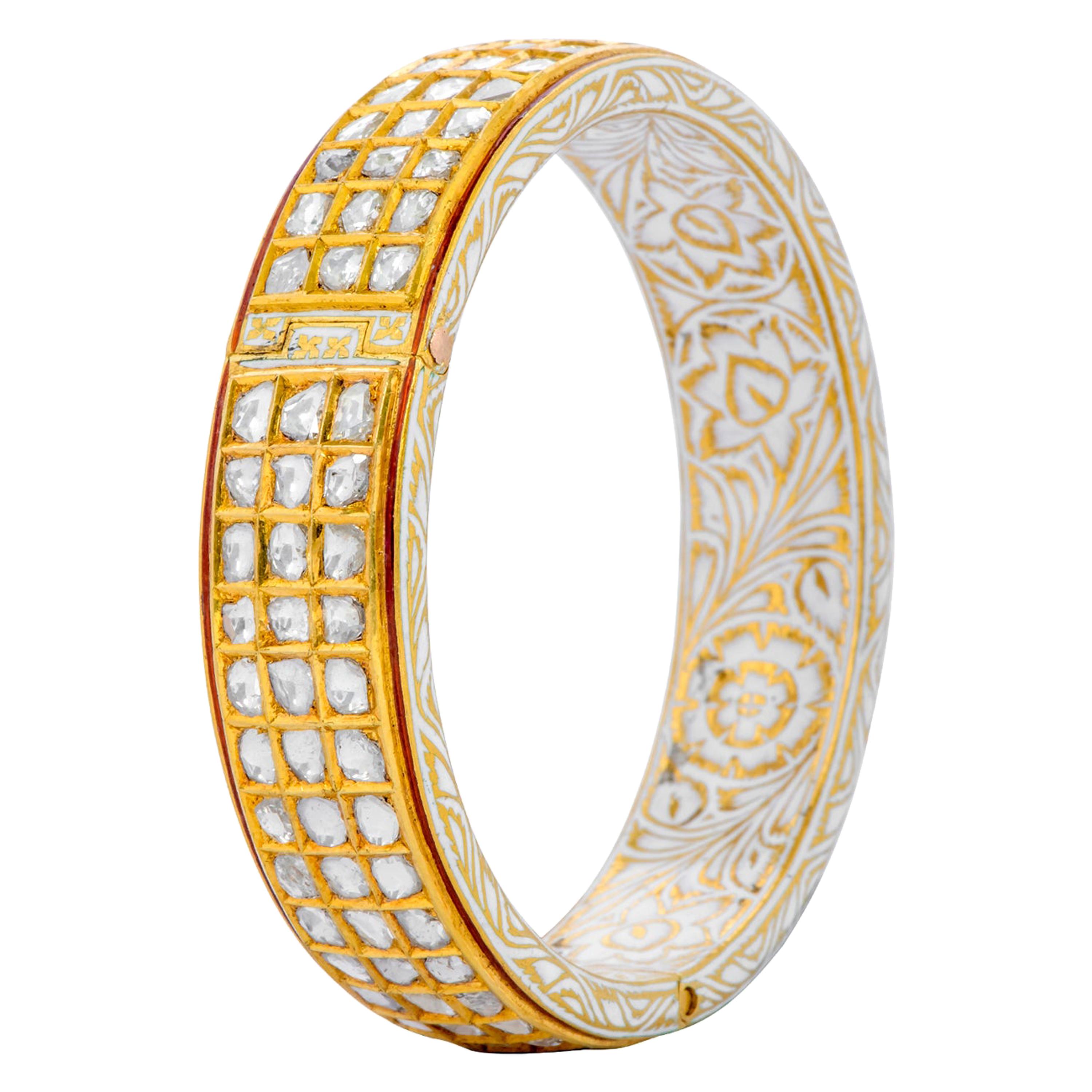 22 Karat Yellow Gold Three Line Diamond and White Enamel Bangle Handcrafted