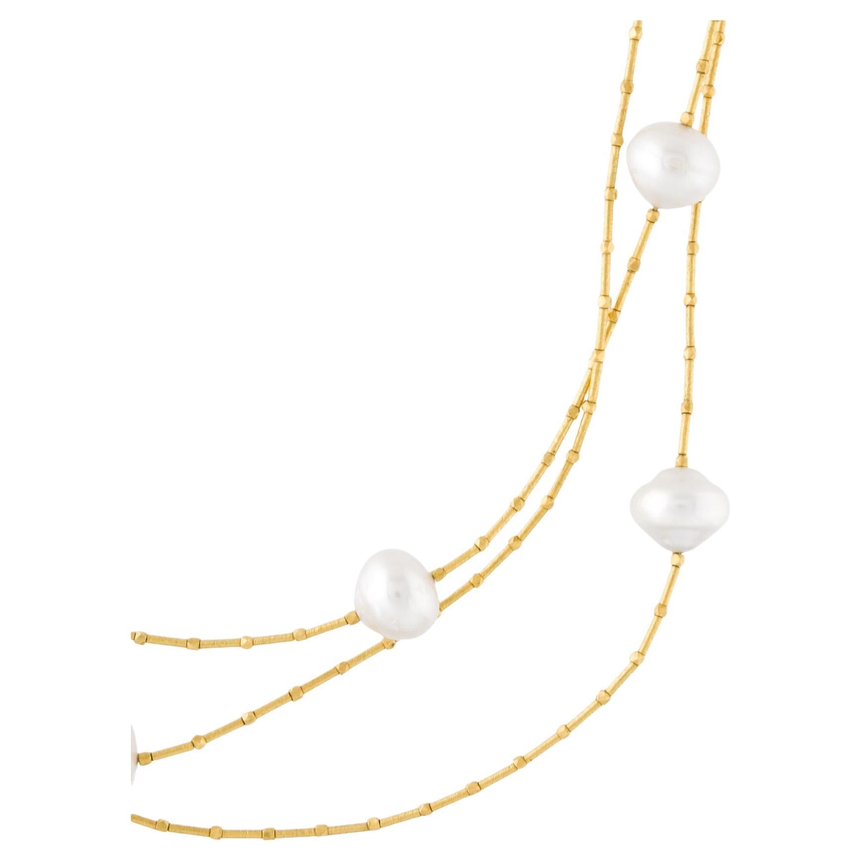 Art Deco 22 Karat Yellow Gold White Baroque Cultured Pearls with Hook Closure Necklace