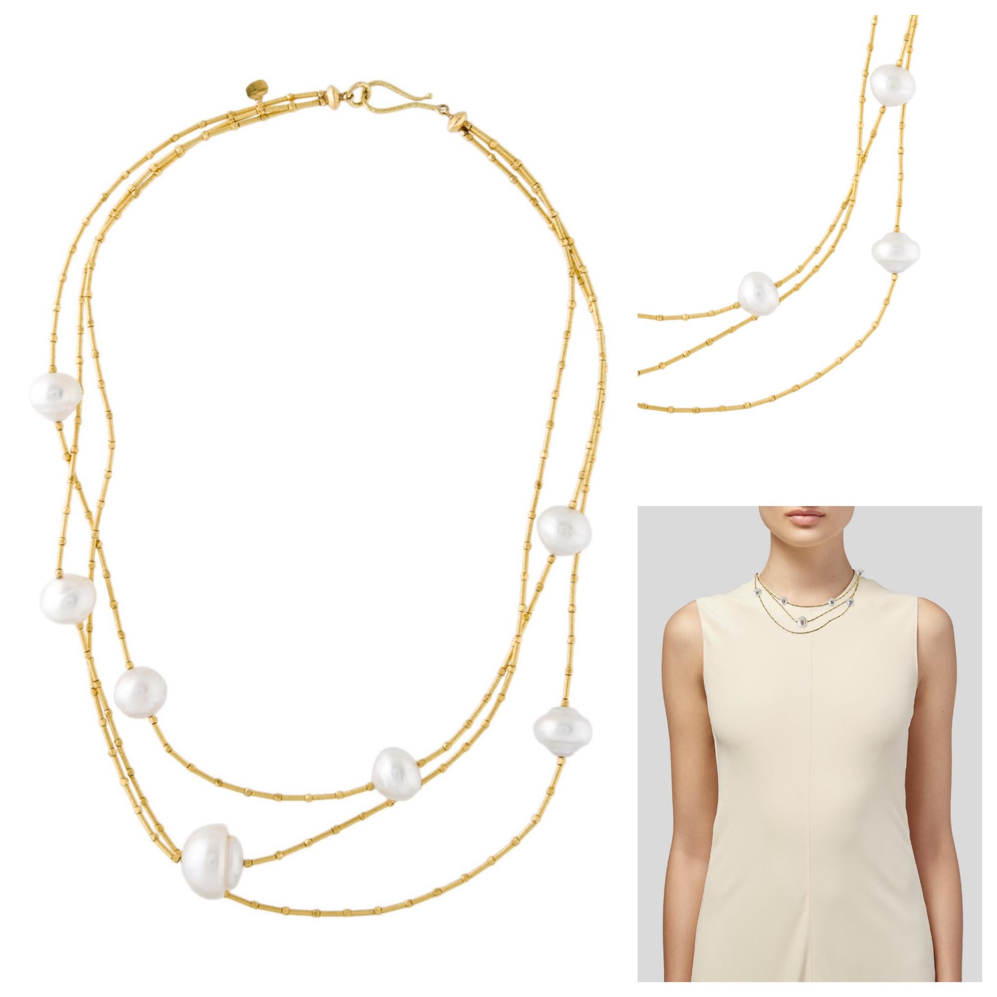 Ball Cut 22 Karat Yellow Gold White Baroque Cultured Pearls with Hook Closure Necklace