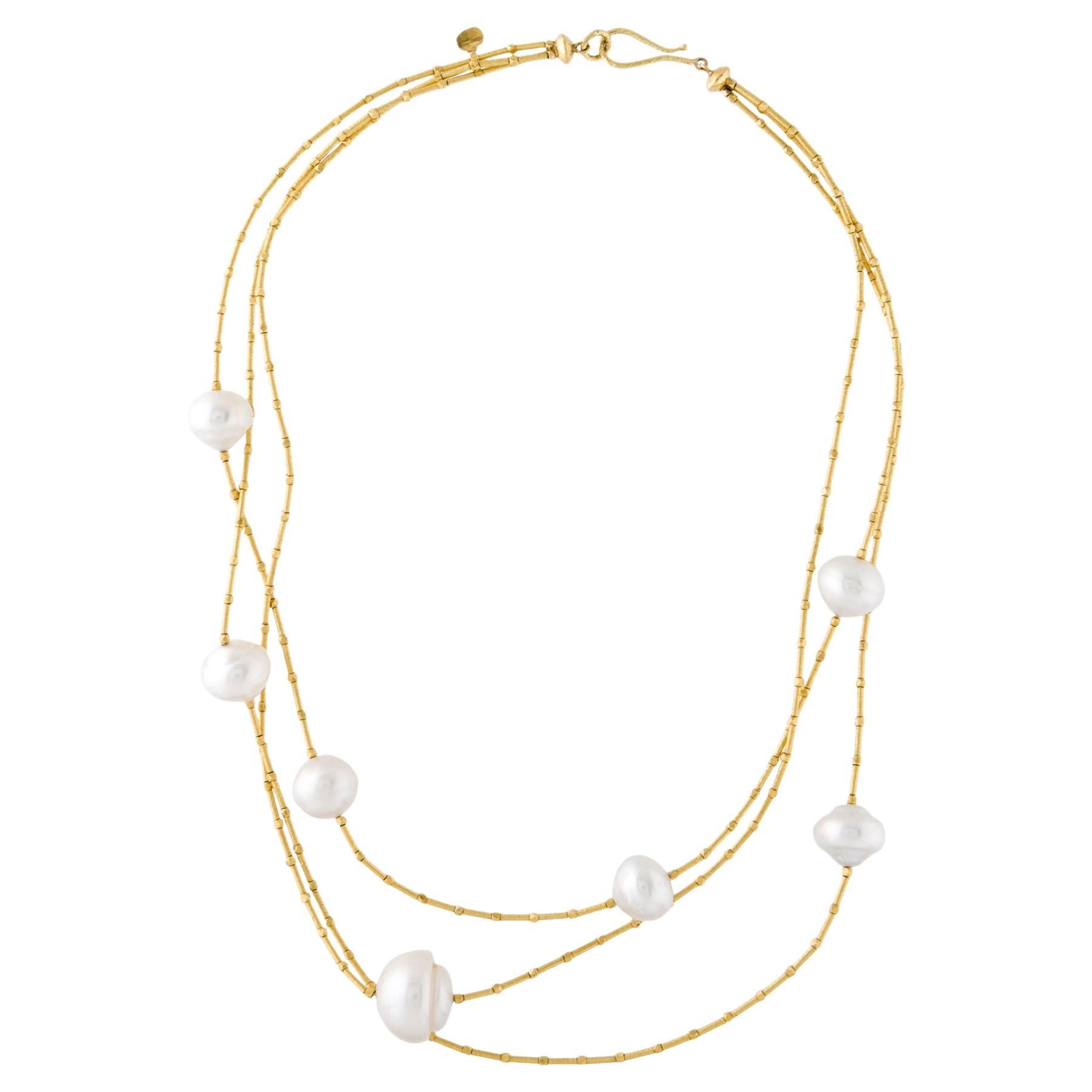 22 Karat Yellow Gold White Baroque Cultured Pearls with Hook Closure Necklace