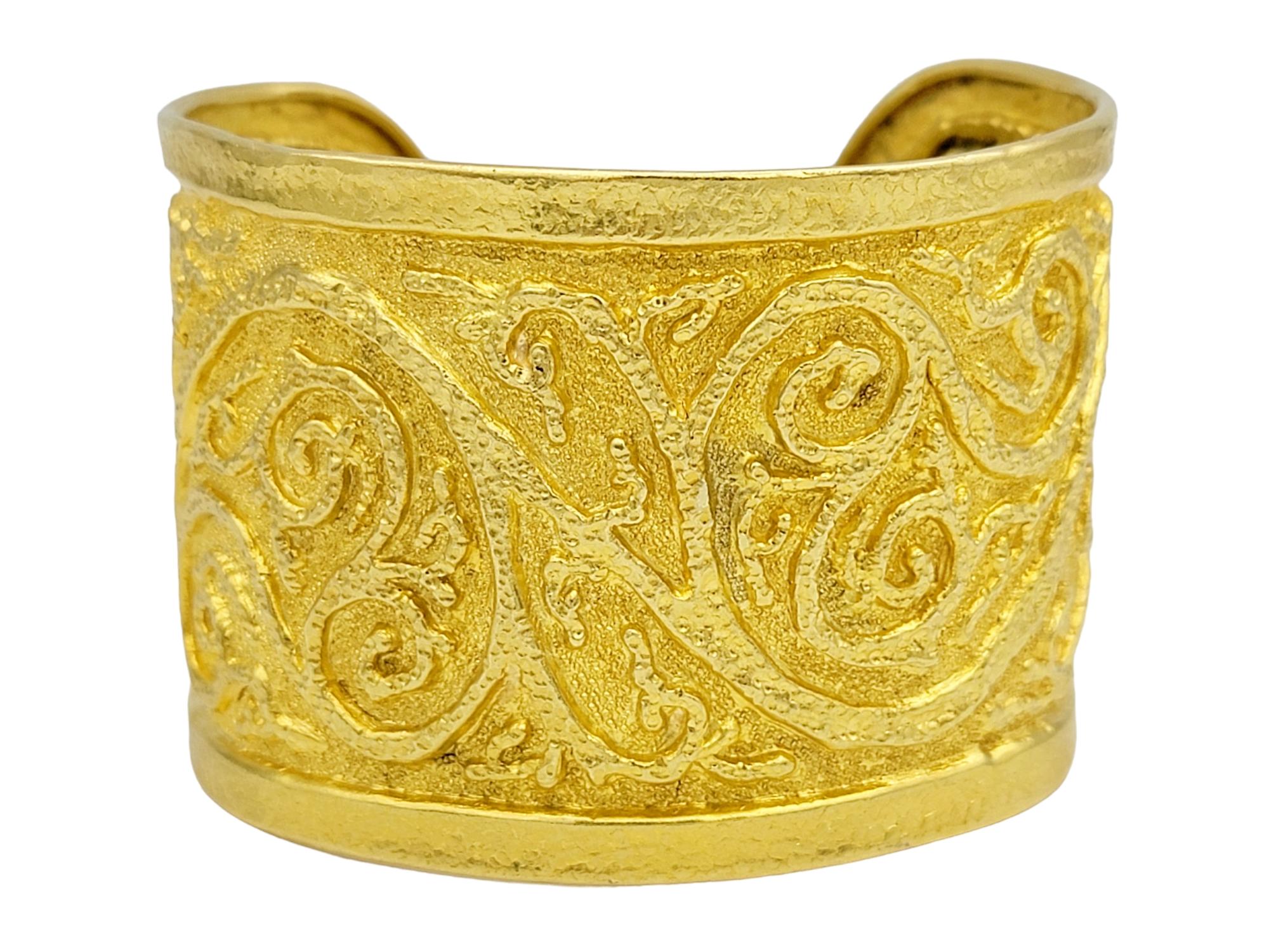 Contemporary 22 Karat Yellow Gold Wide Cuff Bracelet with Multi-Textured Scroll Design For Sale