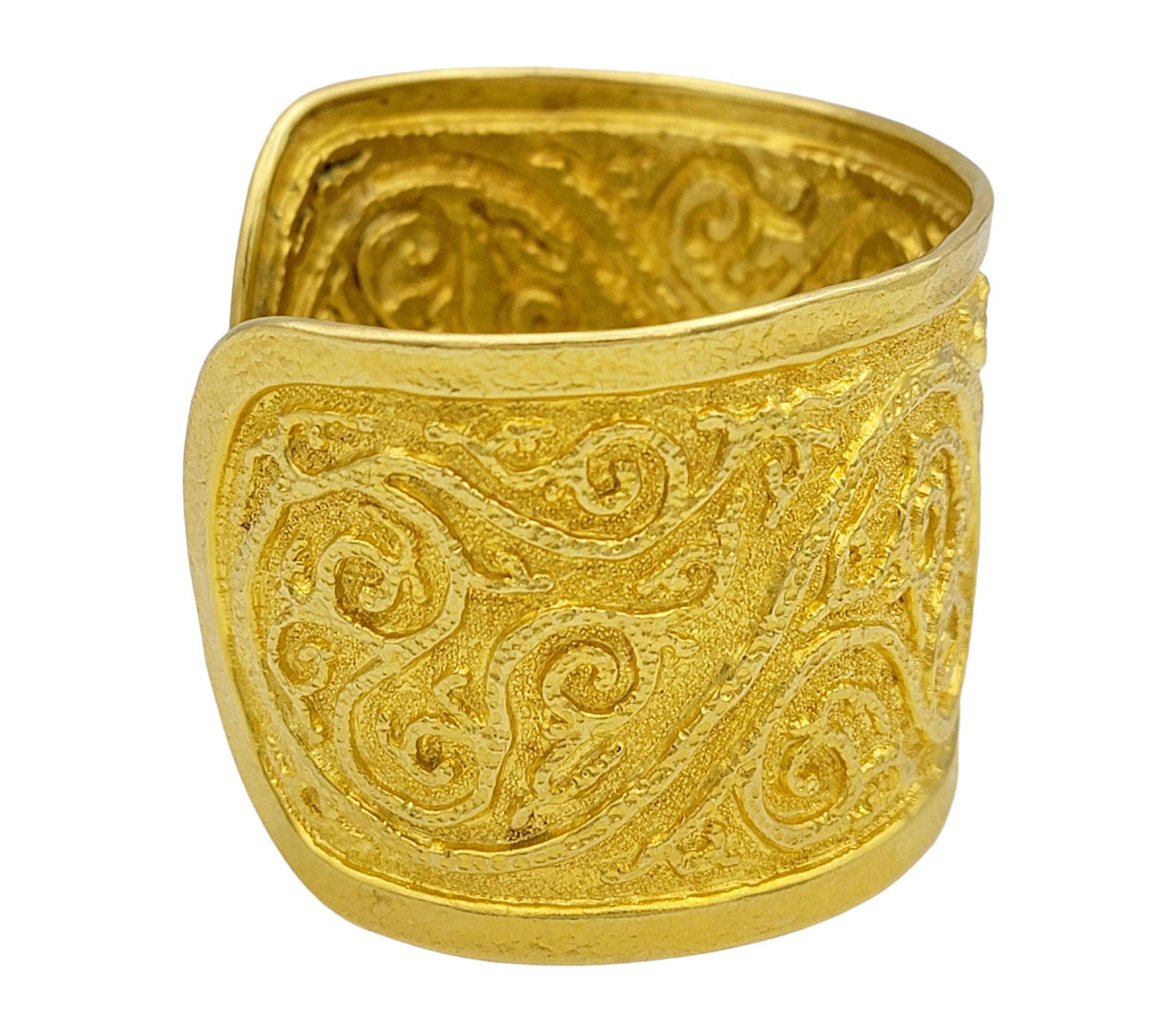 Women's or Men's 22 Karat Yellow Gold Wide Cuff Bracelet with Multi-Textured Scroll Design For Sale