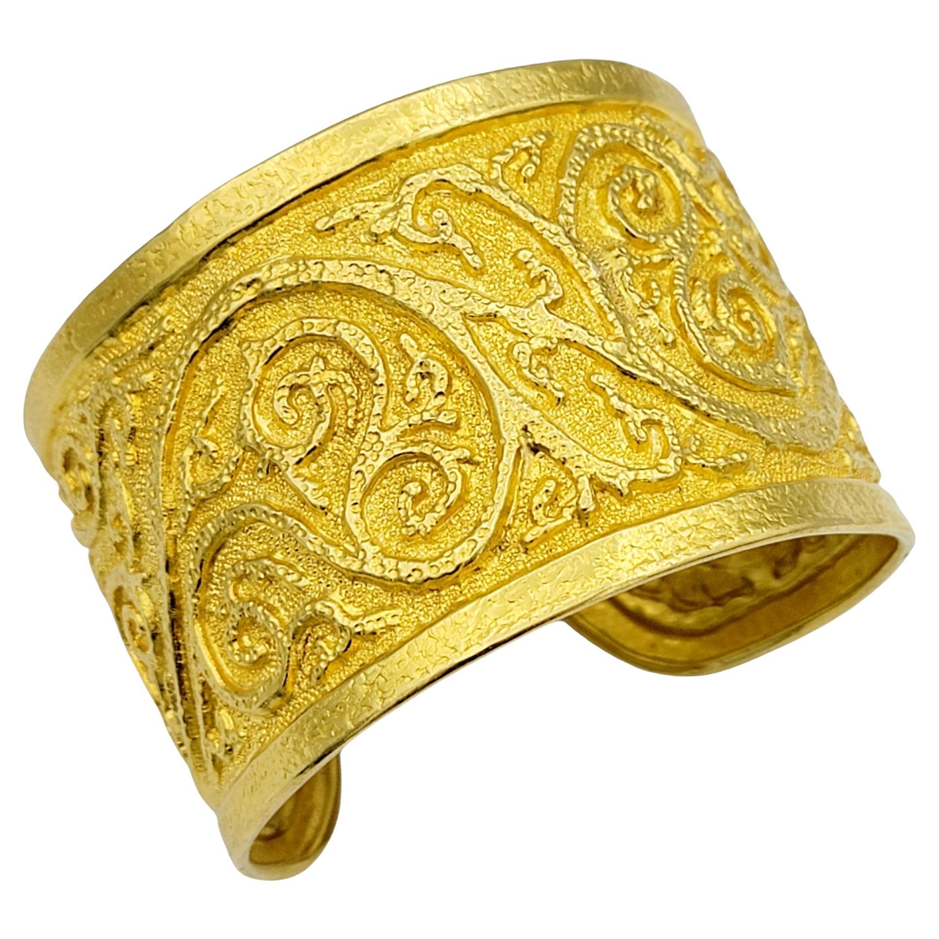 22 Karat Yellow Gold Wide Cuff Bracelet with Multi-Textured Scroll Design For Sale