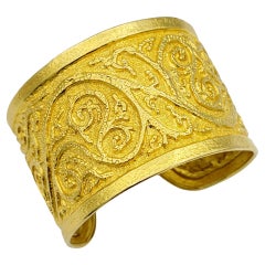 22 Karat Yellow Gold Wide Cuff Bracelet with Multi-Textured Scroll Design