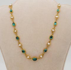 22 Karat Antique Etruscan Revival Tourmaline Pearl Rare Riviere Necklace