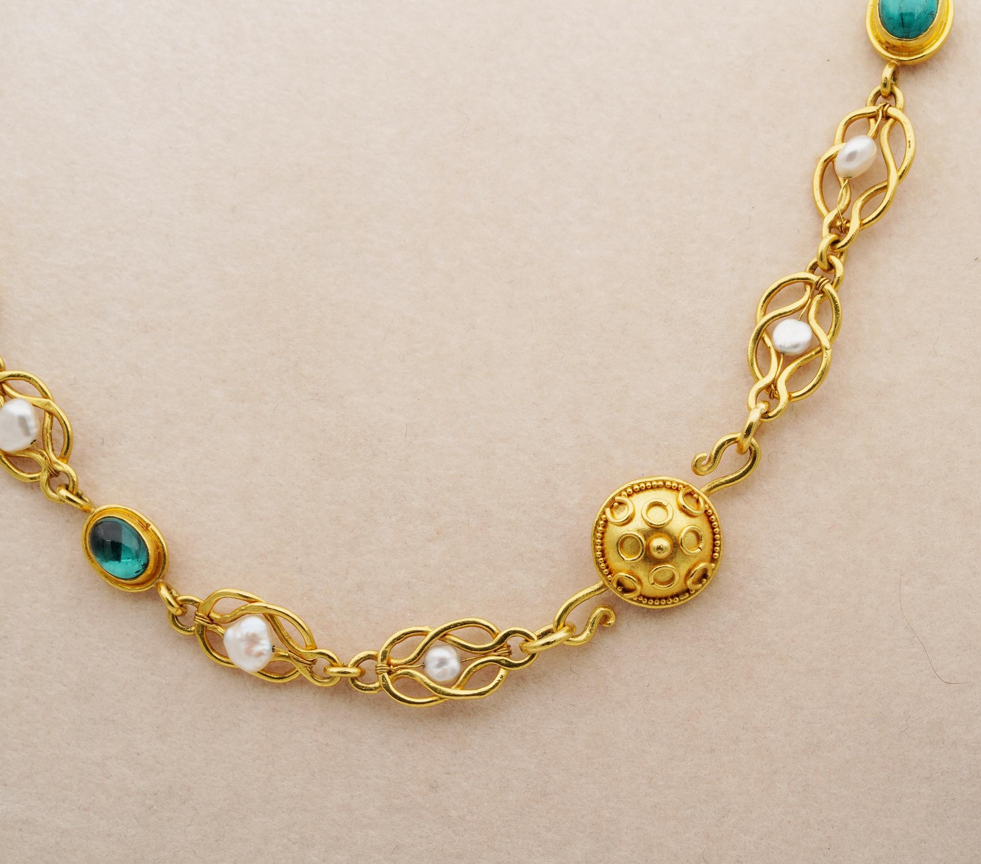 22 Karat Antique Etruscan Revival Tourmaline Pearl Rare Riviere Necklace For Sale 1