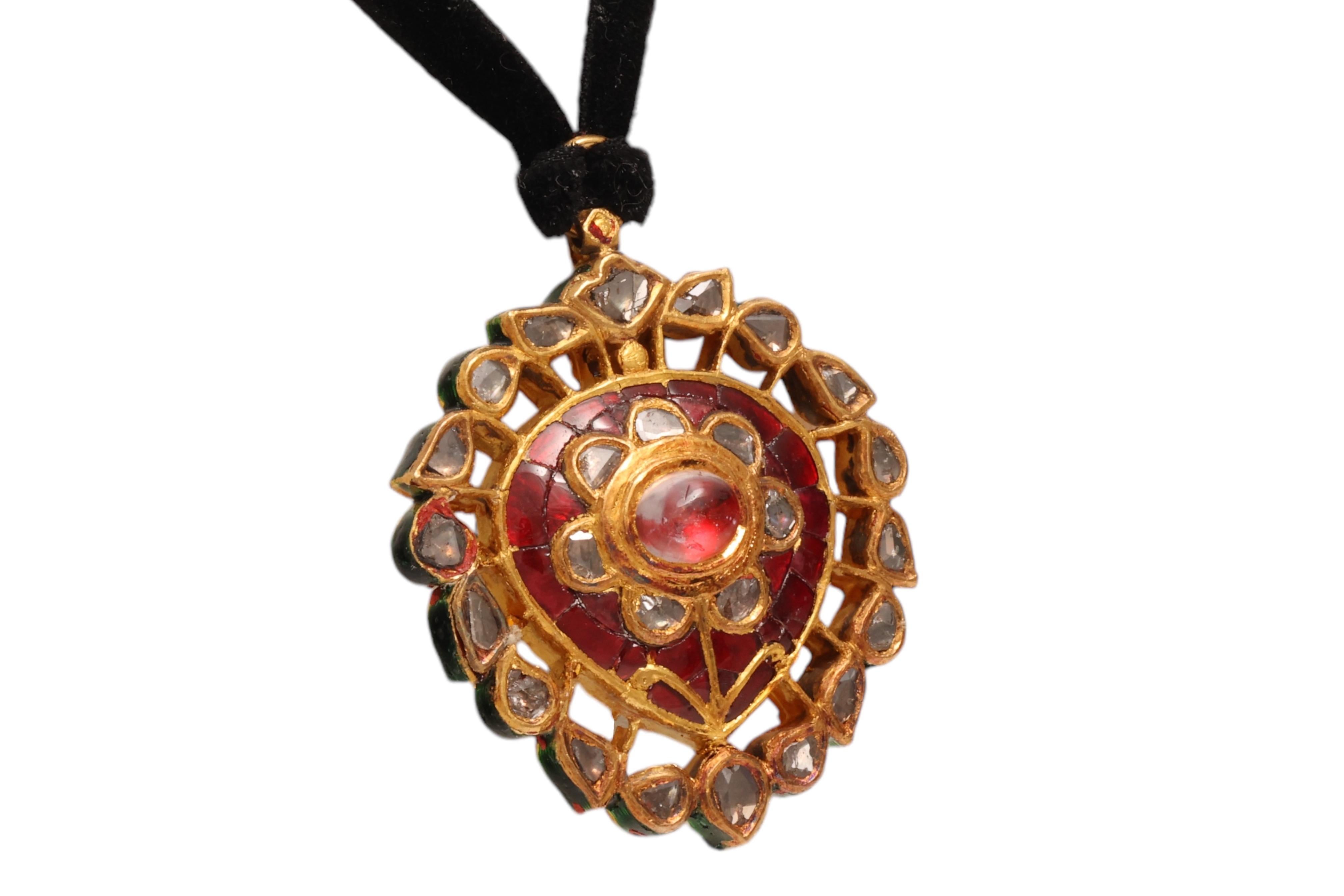 Artisan 22 Kt Pendant / Hanger with Rose Cut Diamonds & Precious Stones For Sale