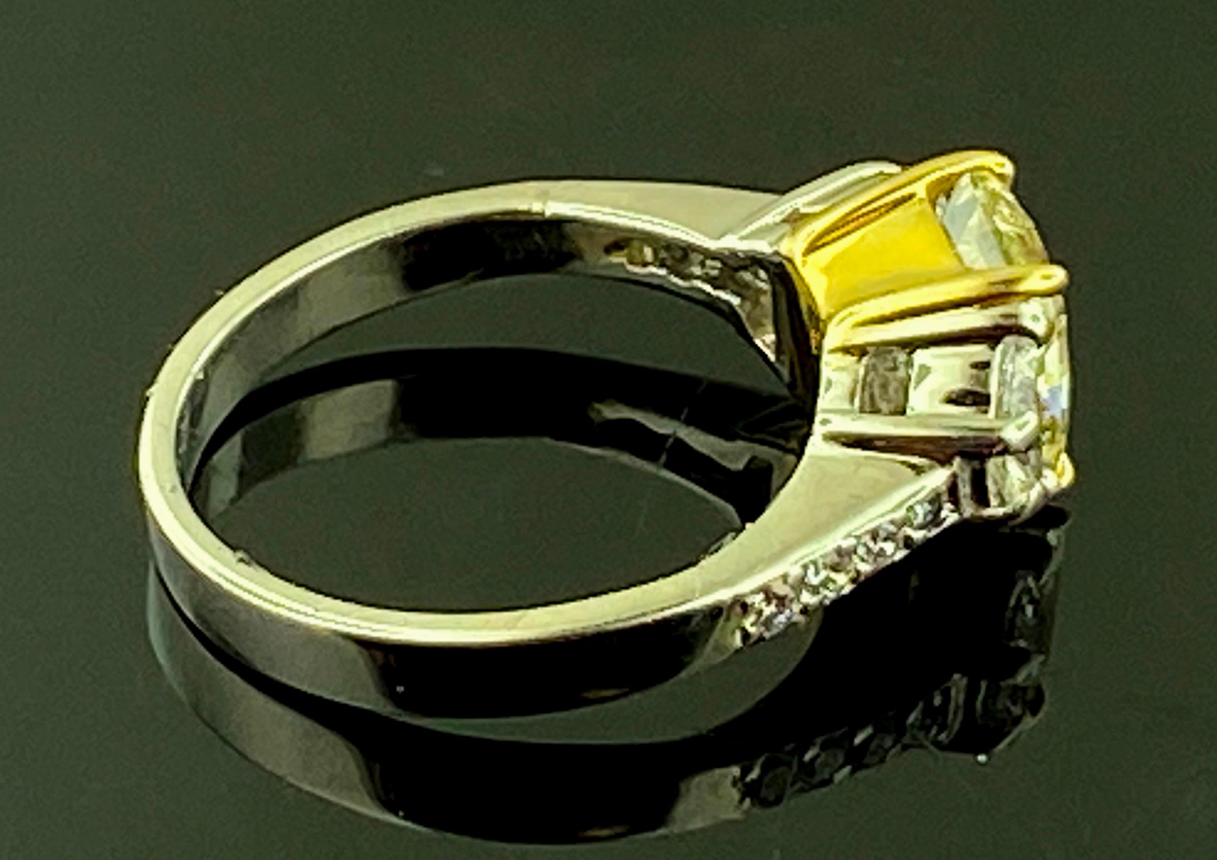 22 KT Yellow Gold & Platinum 1.82 Ct Fancy Yellow Radiant Cut Diamond Ring For Sale 1