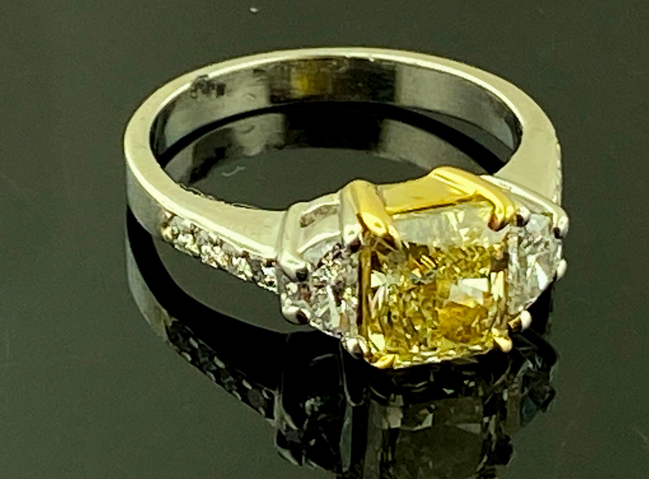 22 KT Yellow Gold & Platinum 1.82 Ct Fancy Yellow Radiant Cut Diamond Ring For Sale 2