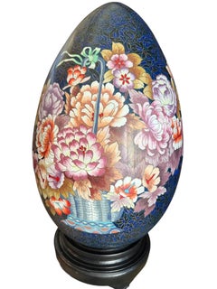 22" Large Vintage Chinese Cloisonné Enamel Egg Ornament, Flower Basket Motif