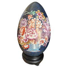 22" Large Vintage Chinese Cloisonné Enamel Egg Ornament, Flower Basket Motif