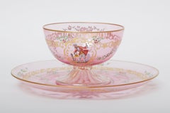 22 Pieces Antique Venetian Glass Dessert Coupes and Plates, Pink, circa 1900