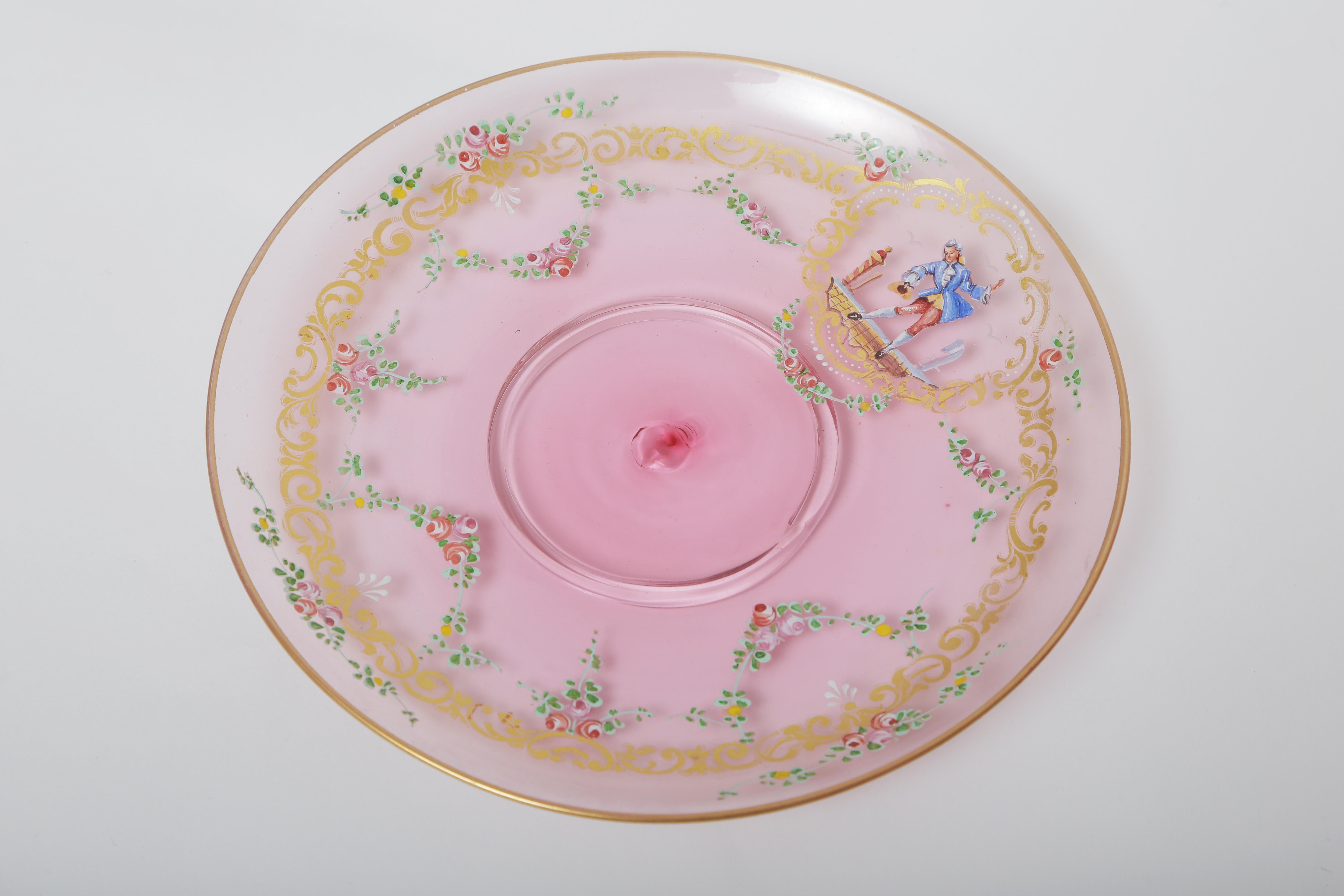 Belle Époque 22 Pieces Antique Venetian Glass Dessert Coupes and Plates, Pink, circa 1900