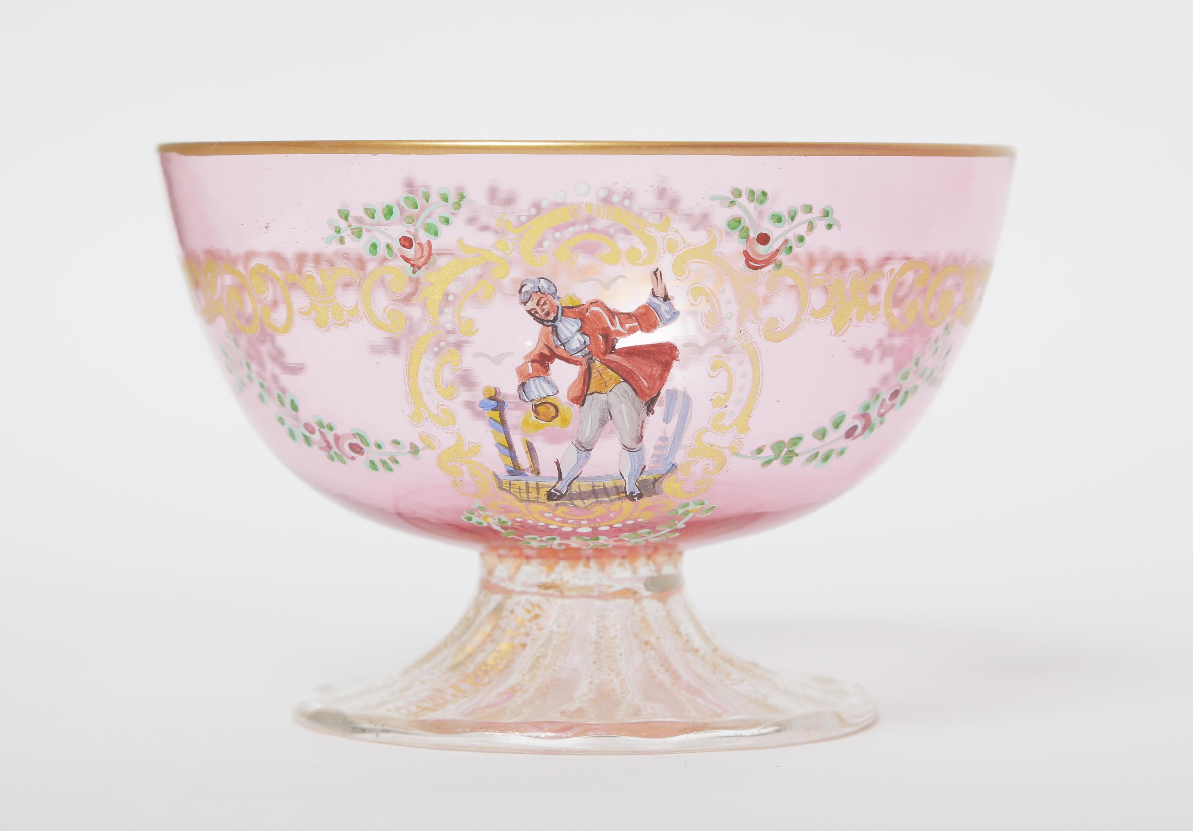 Hand-Crafted 22 Pieces Antique Venetian Glass Dessert Coupes and Plates, Pink, circa 1900