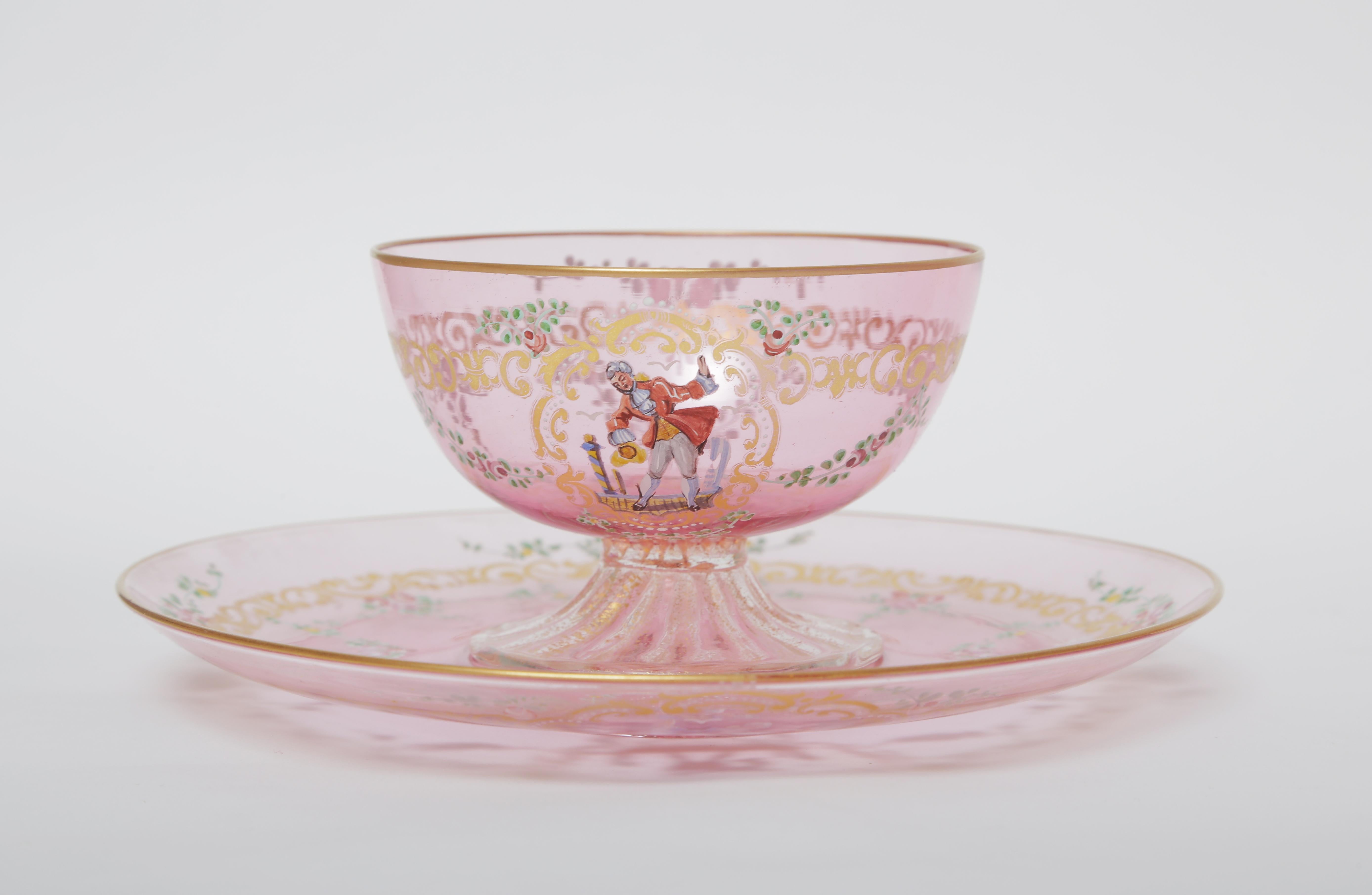 Early 20th Century 22 Pieces Antique Venetian Glass Dessert Coupes and Plates, Pink, circa 1900