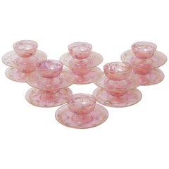 22 Pieces Antique Venetian Glass Dessert Coupes and Plates, Pink, circa 1900