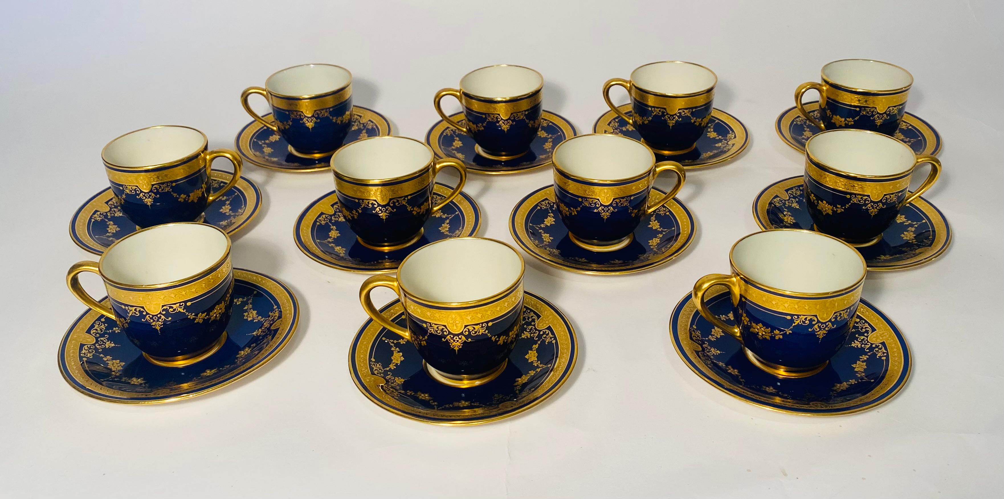American 22 Pieces Cobalt Raised Gilt Swag Demi Tasse (11) Cups & Saucers (11) Custom  For Sale