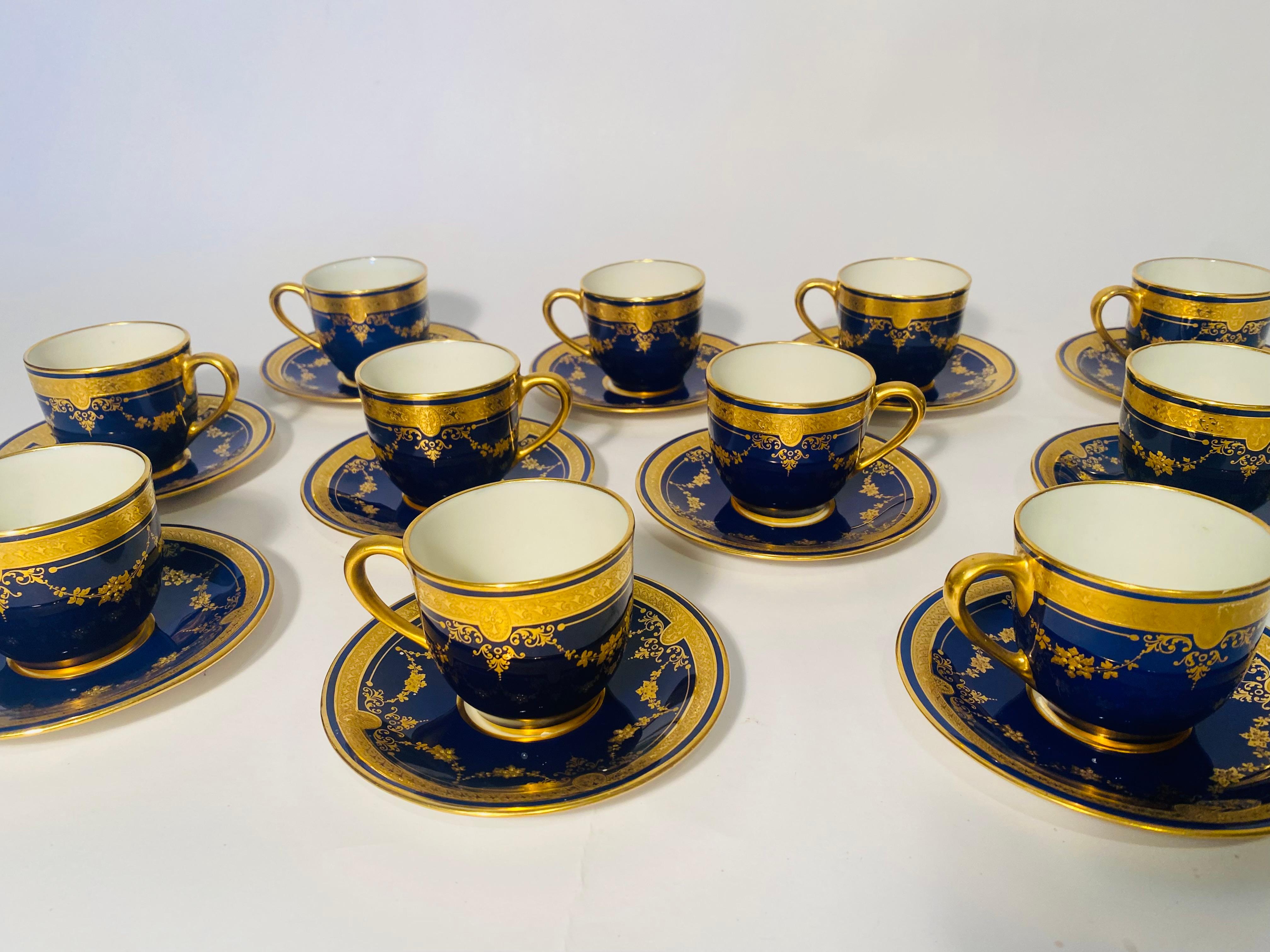 Hand-Crafted 22 Pieces Cobalt Raised Gilt Swag Demi Tasse (11) Cups & Saucers (11) Custom  For Sale