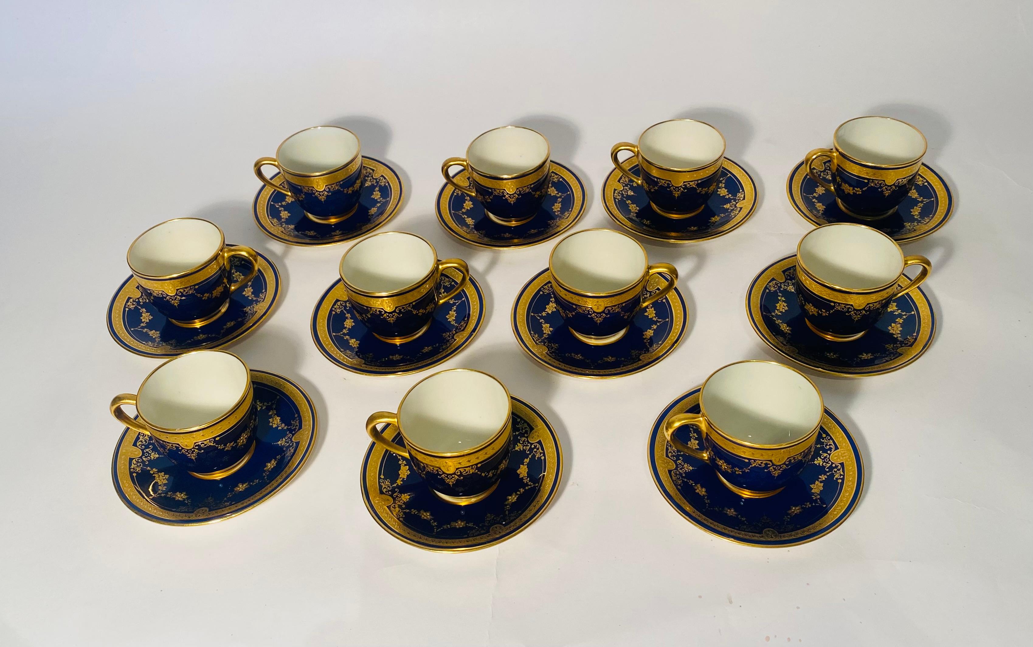 22 Pieces Cobalt Raised Gilt Swag Demi Tasse (11) Cups & Saucers (11) Custom  In Good Condition For Sale In West Palm Beach, FL