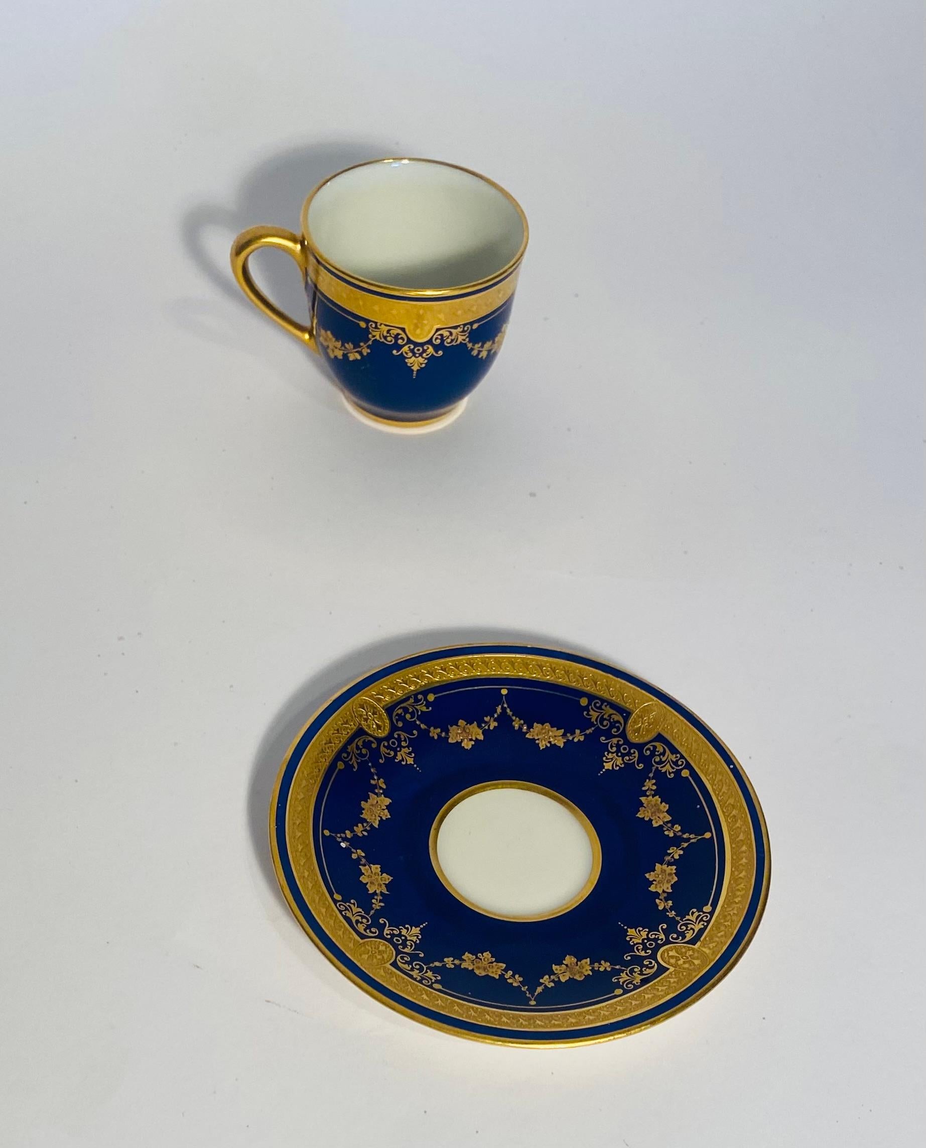 Early 20th Century 22 Pieces Cobalt Raised Gilt Swag Demi Tasse (11) Cups & Saucers (11) Custom  For Sale