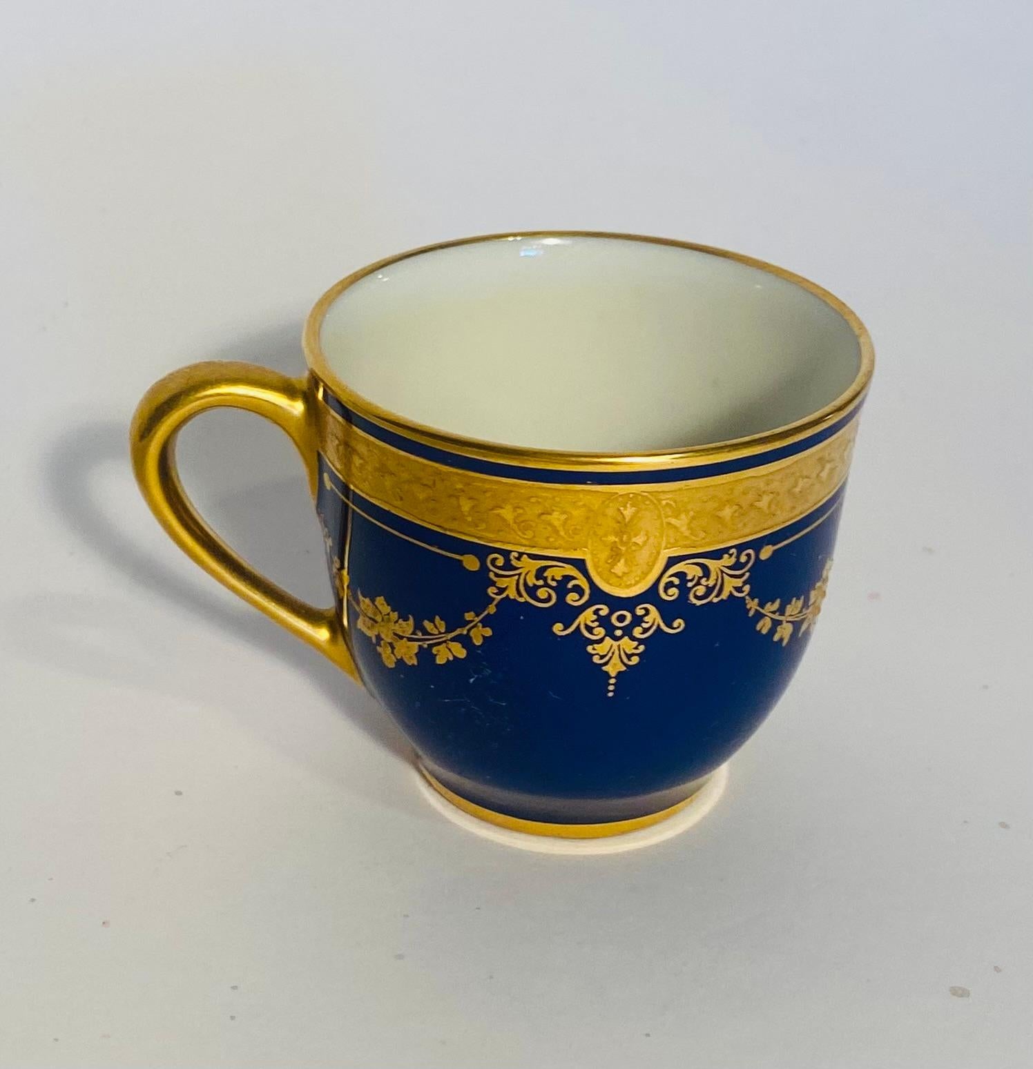 Gold 22 Pieces Cobalt Raised Gilt Swag Demi Tasse (11) Cups & Saucers (11) Custom  For Sale