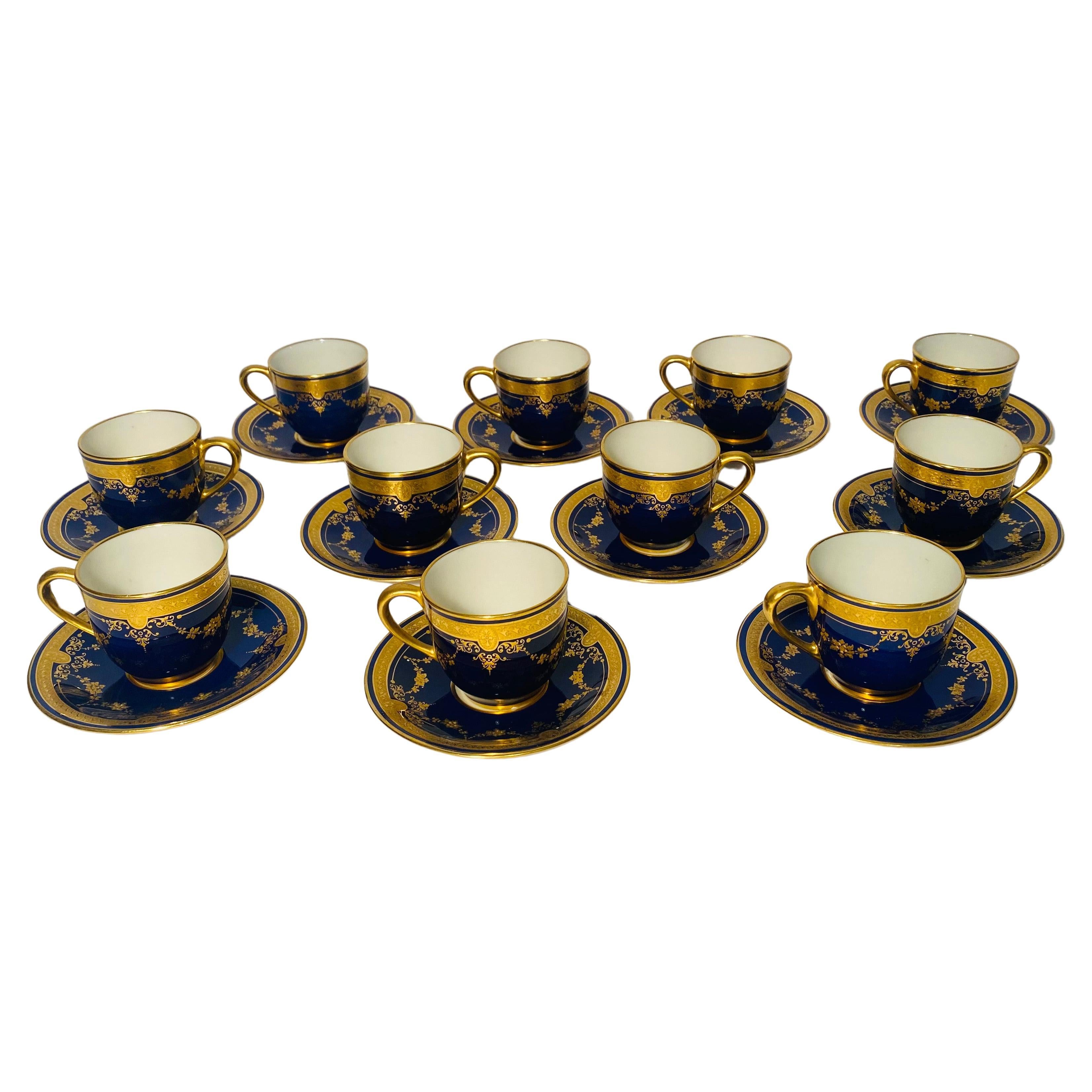 22 Pieces Cobalt Raised Gilt Swag Demi Tasse (11) Cups & Saucers (11) Custom  For Sale