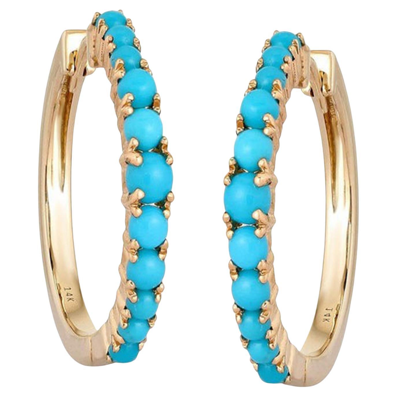 1.48ct Diamond & Turquoise 14K Yellow Gold Hoop Earrings
