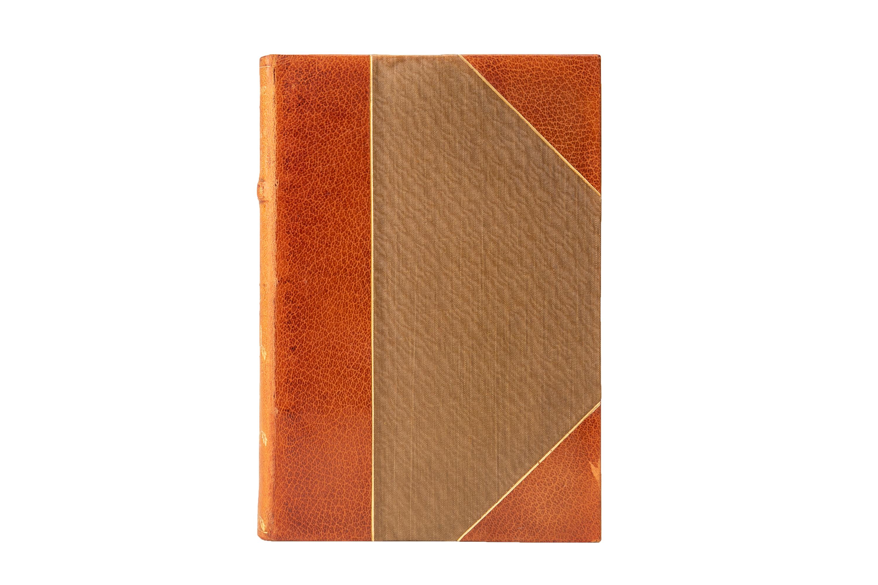 22 Volumes. Nathaniel Hawthorne, Complete Writings. Édition grand papier. Reliure en maroquin brun 3/4 et soie, dos à nerfs orné de fleurs incrustées. Les tranches supérieures sont dorées et les pages de garde sont en soie. Comprend des portraits,