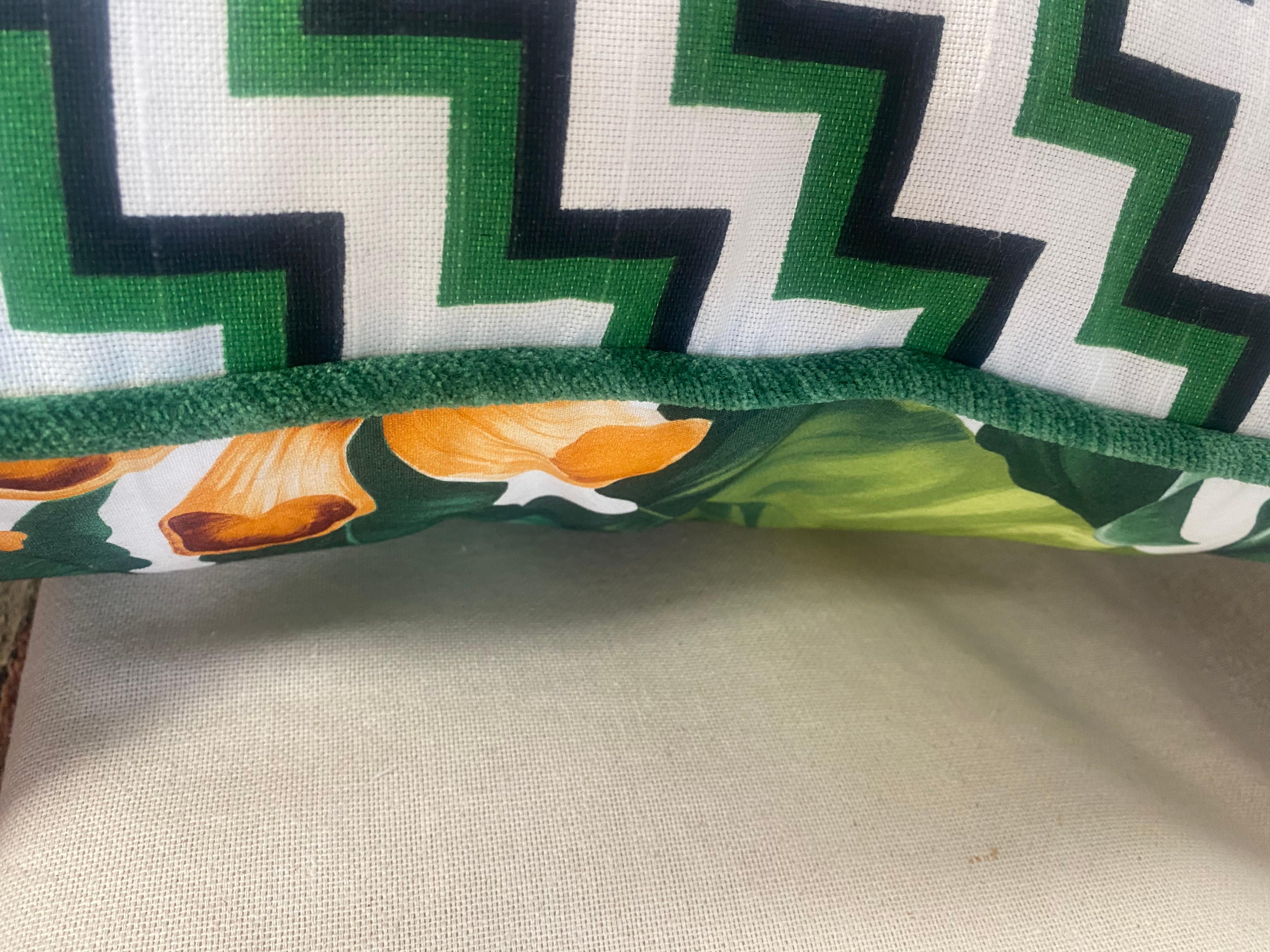  Bright Floral Tropical Print Cotton with Green Velvet Welt and Geometric Back In New Condition For Sale In Englewood, CO