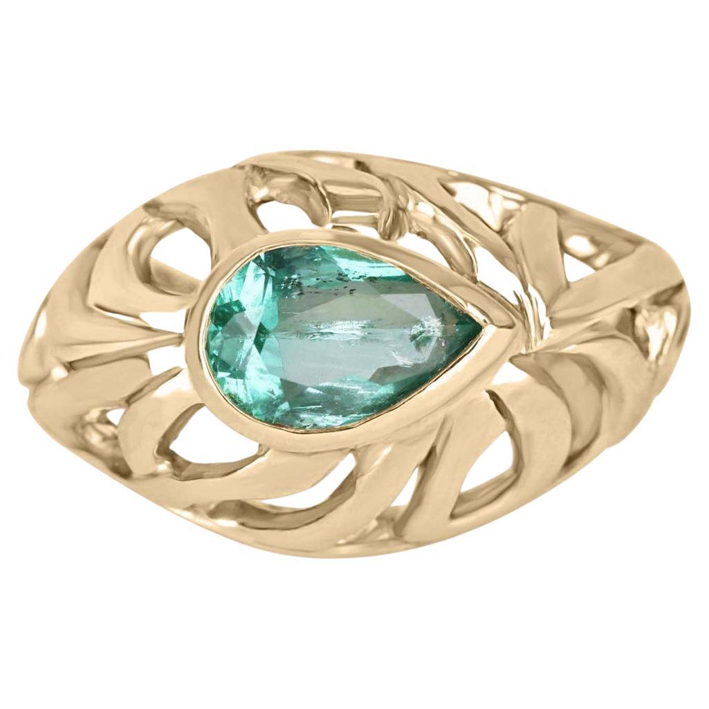 2.20-Carat 14K Colombian Emerald-Pear Cut Gold Solitaire Zebra Ring Present  For Sale