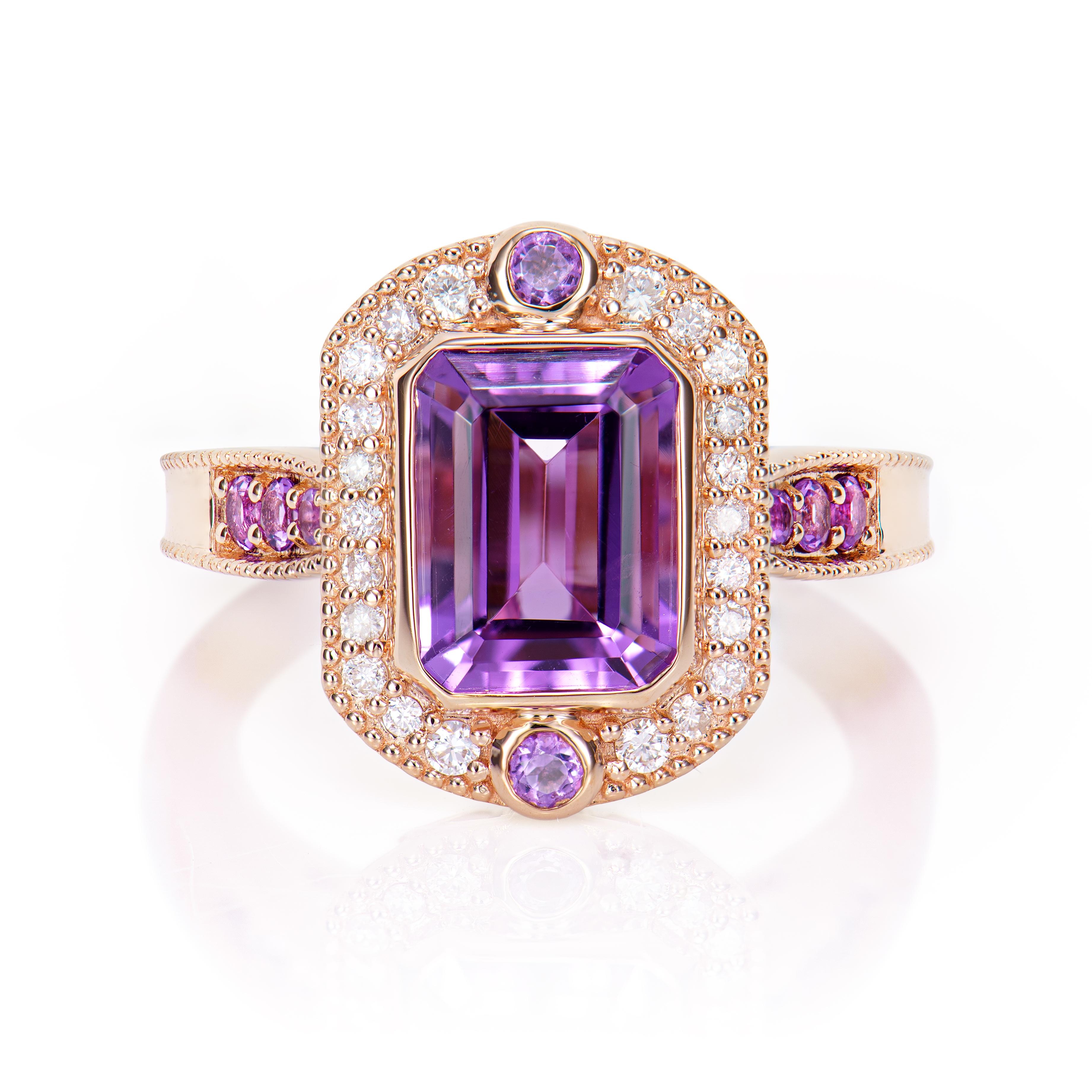Contemporary 2.20 Carat Amethyst Fancy Ring in 14Karat Rose Gold with White Diamond.   For Sale