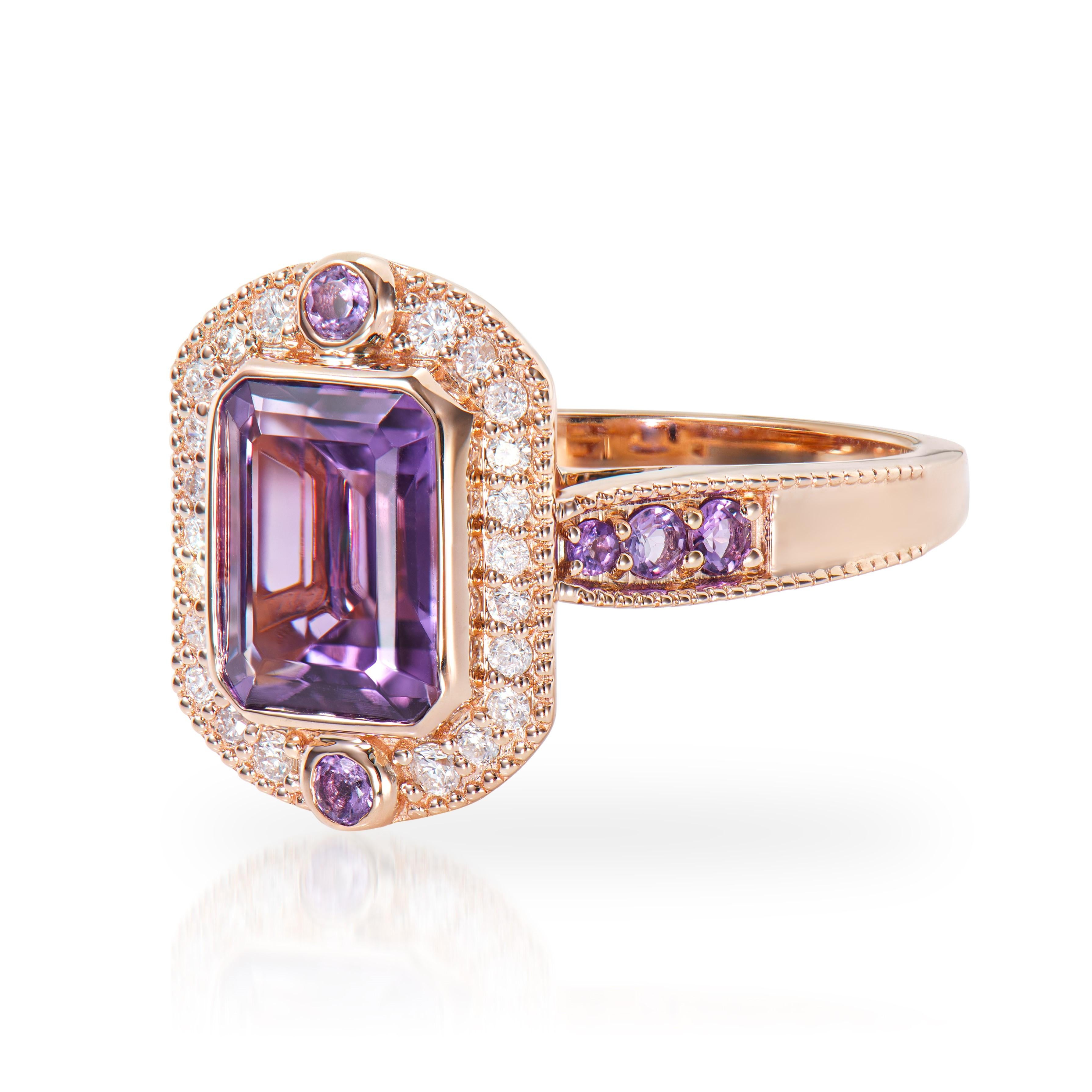 Octagon Cut 2.20 Carat Amethyst Fancy Ring in 14Karat Rose Gold with White Diamond.   For Sale