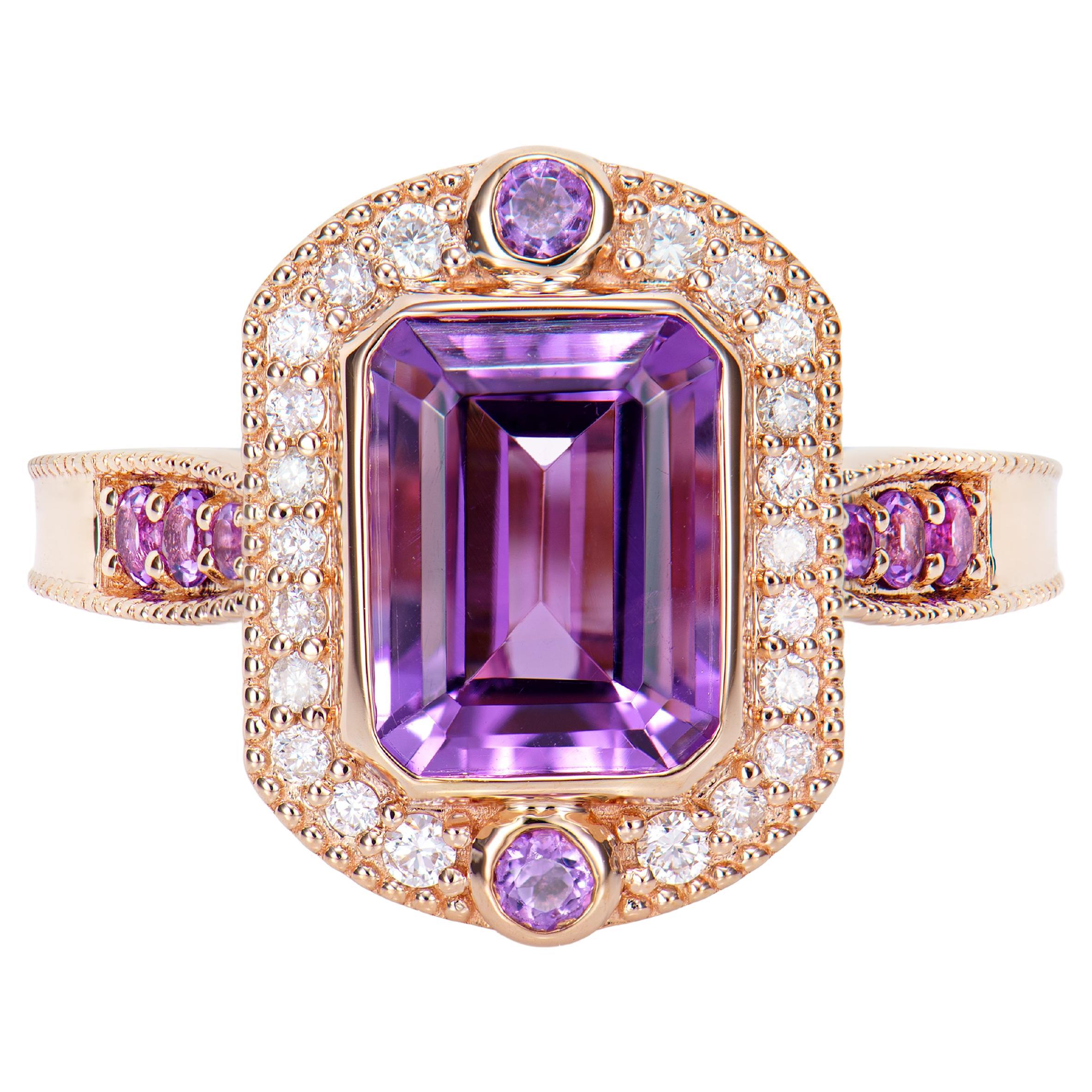 2,20 Karat Amethyst Fancy Ring aus 14 Karat Roségold mit weißem Diamant.   im Angebot