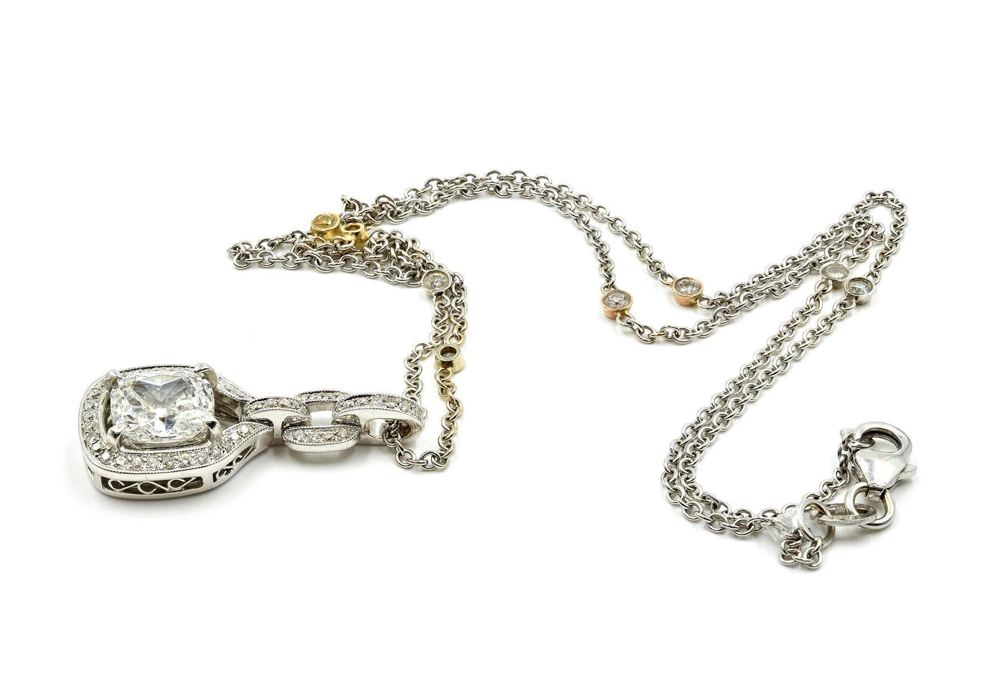 2.20 Carat Cushion Cut Diamond Pendant on Diamond Necklace 18 Karat White Gold In Excellent Condition In Scottsdale, AZ
