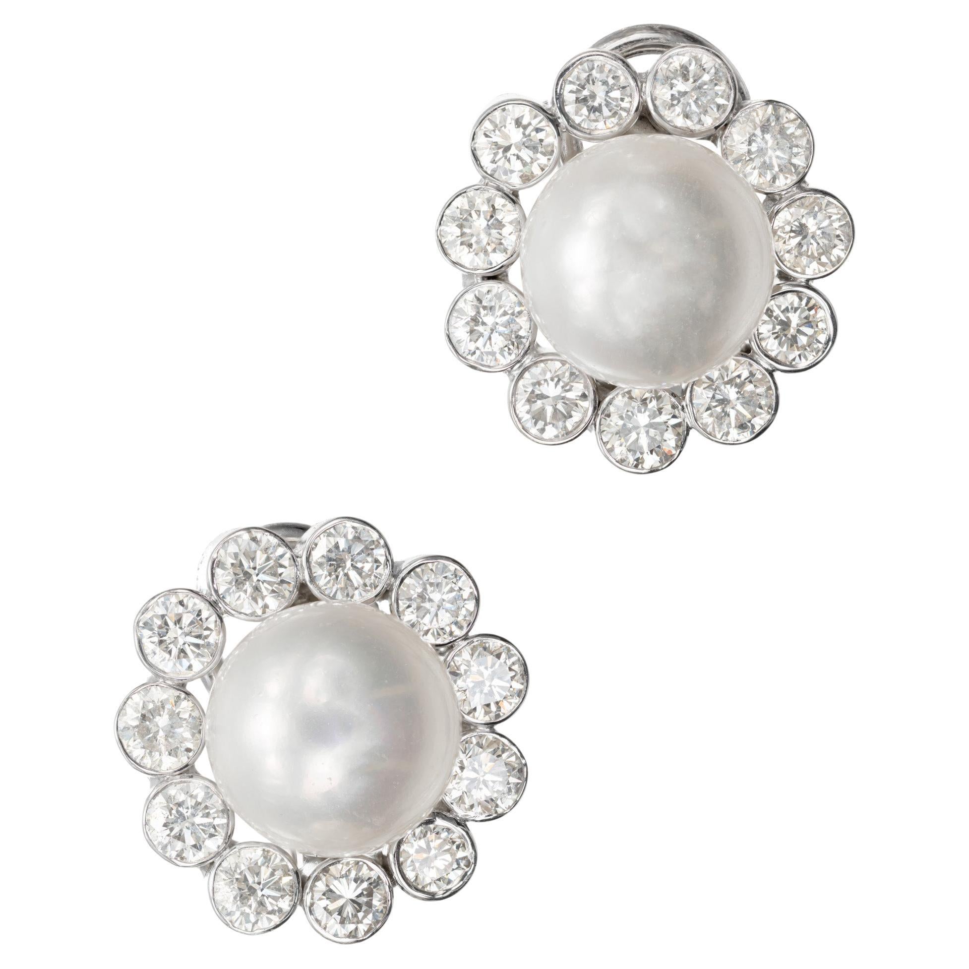 2.20 Carat Diamond Halo Japanese Cultured Pearl Gold Earrings For Sale