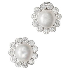 2.20 Carat Diamond Halo Japanese Cultured Pearl Gold Earrings