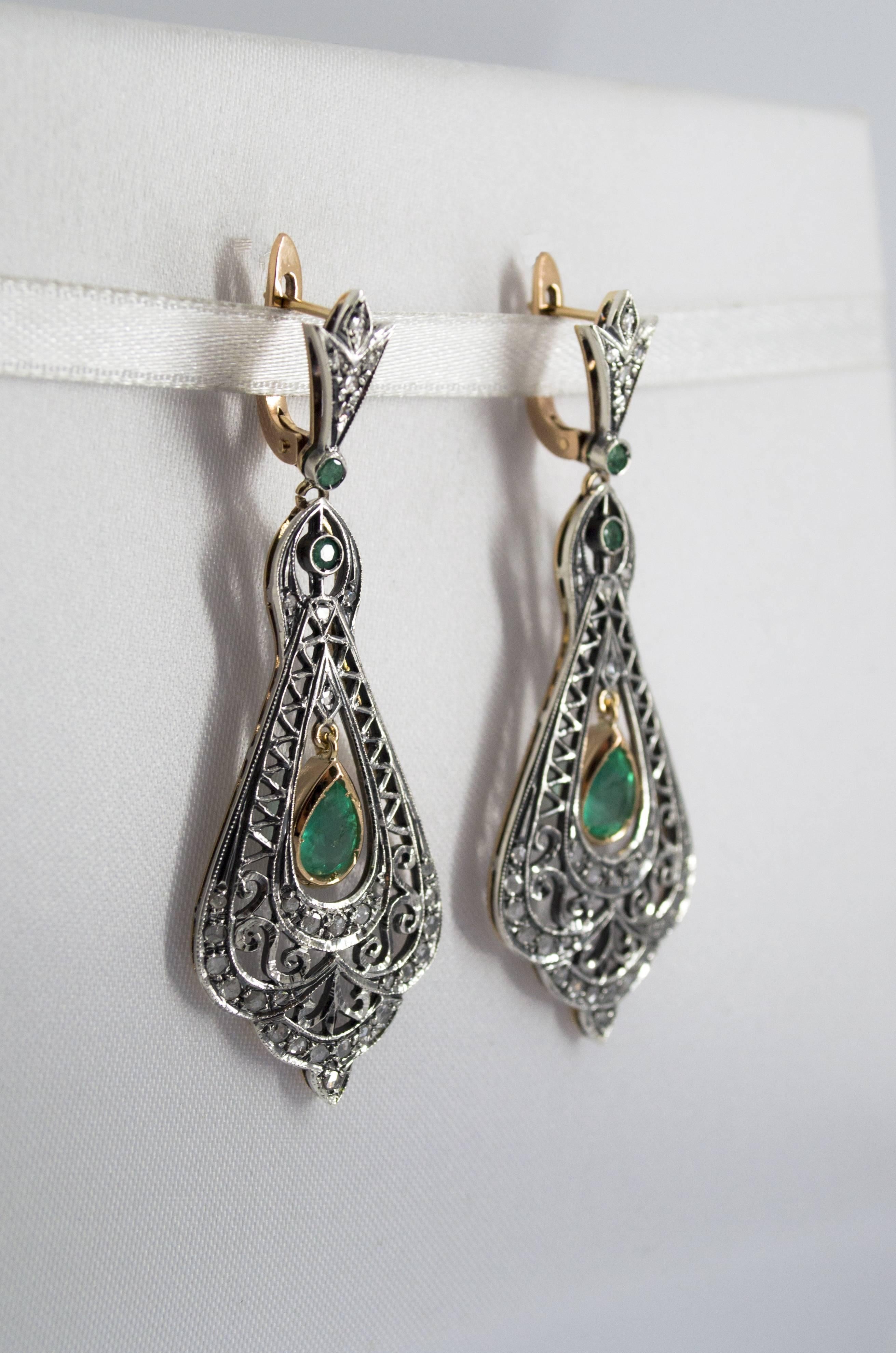 These Earrings are made of 9K Yellow Gold and Sterling Silver.
These Earrings have 0.50 Carats of White Rose Cut Diamonds.
These Earrings have 2.20 Carats of Emeralds.
All our Earrings have pins for pierced ears but we can change the closure and