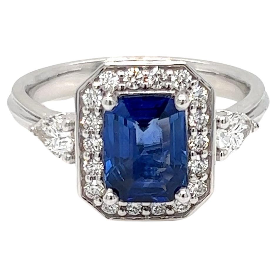 2.20 Carat Emerald cut Sapphire Diamond Halo Engagement Ring