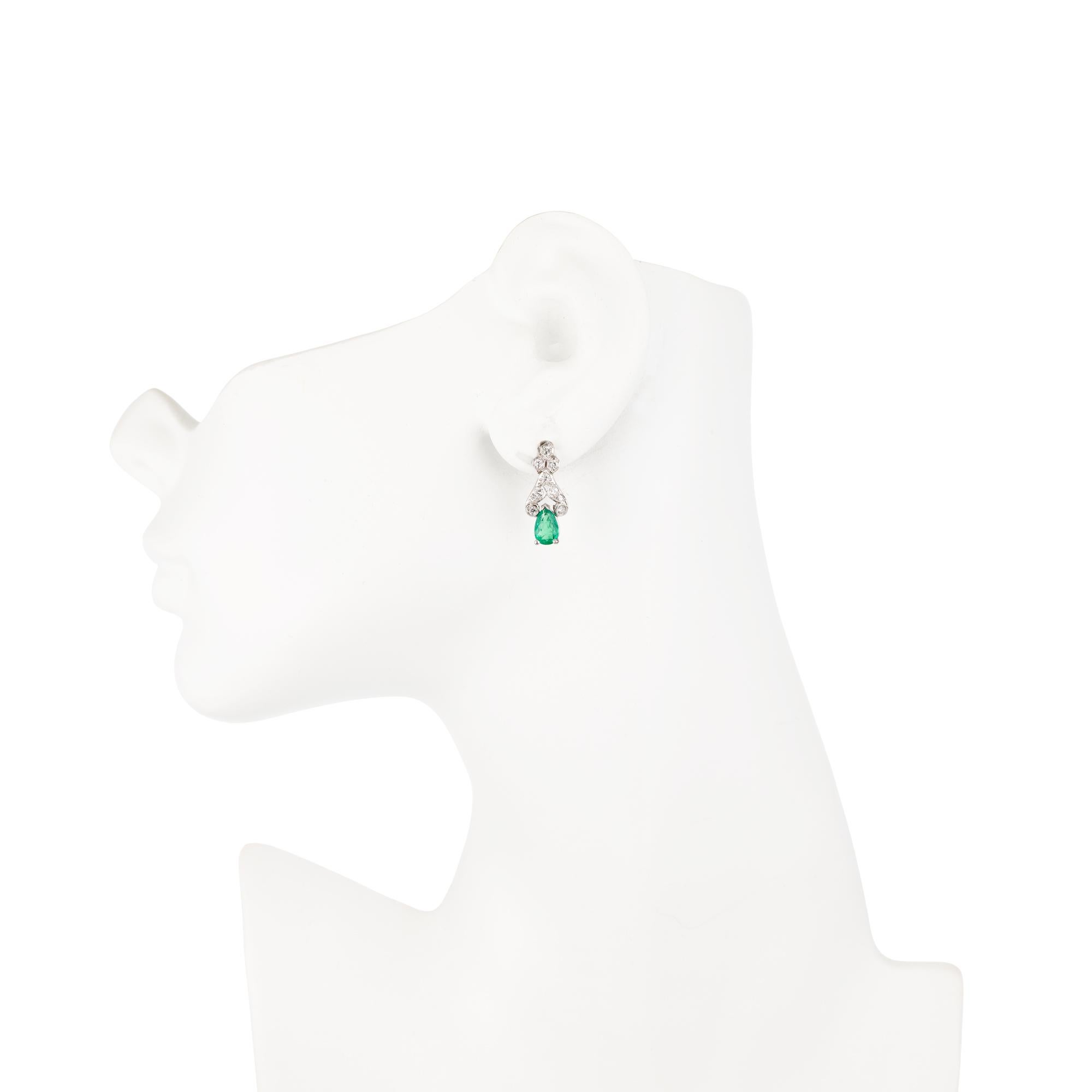 Women's 1.80 Carat Emerald Diamond Platinum Dangle Earrings For Sale