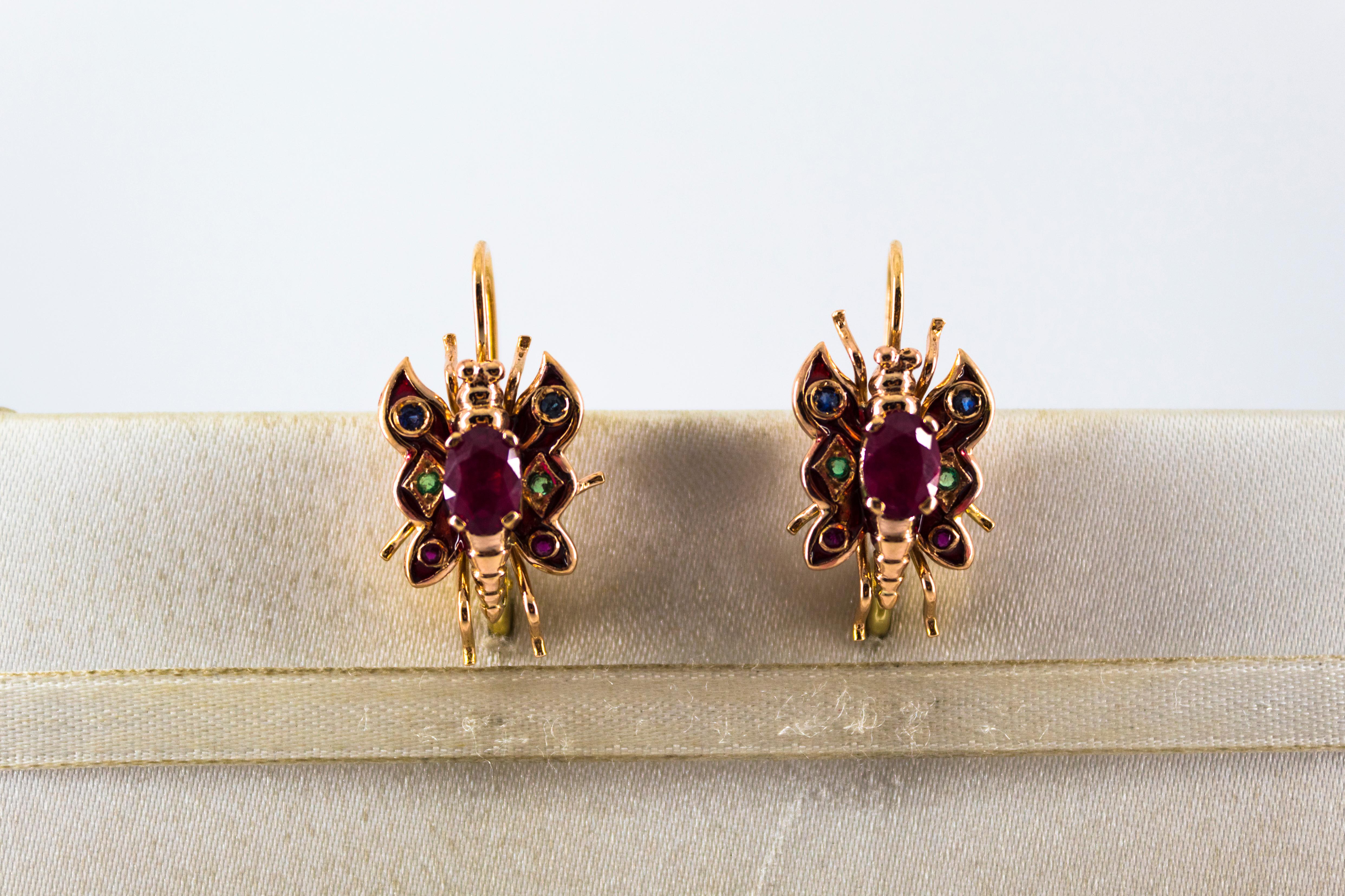 2.20 Carat Emerald Ruby Blue Sapphire Yellow Gold Lever Back Butterfly Earrings For Sale 4