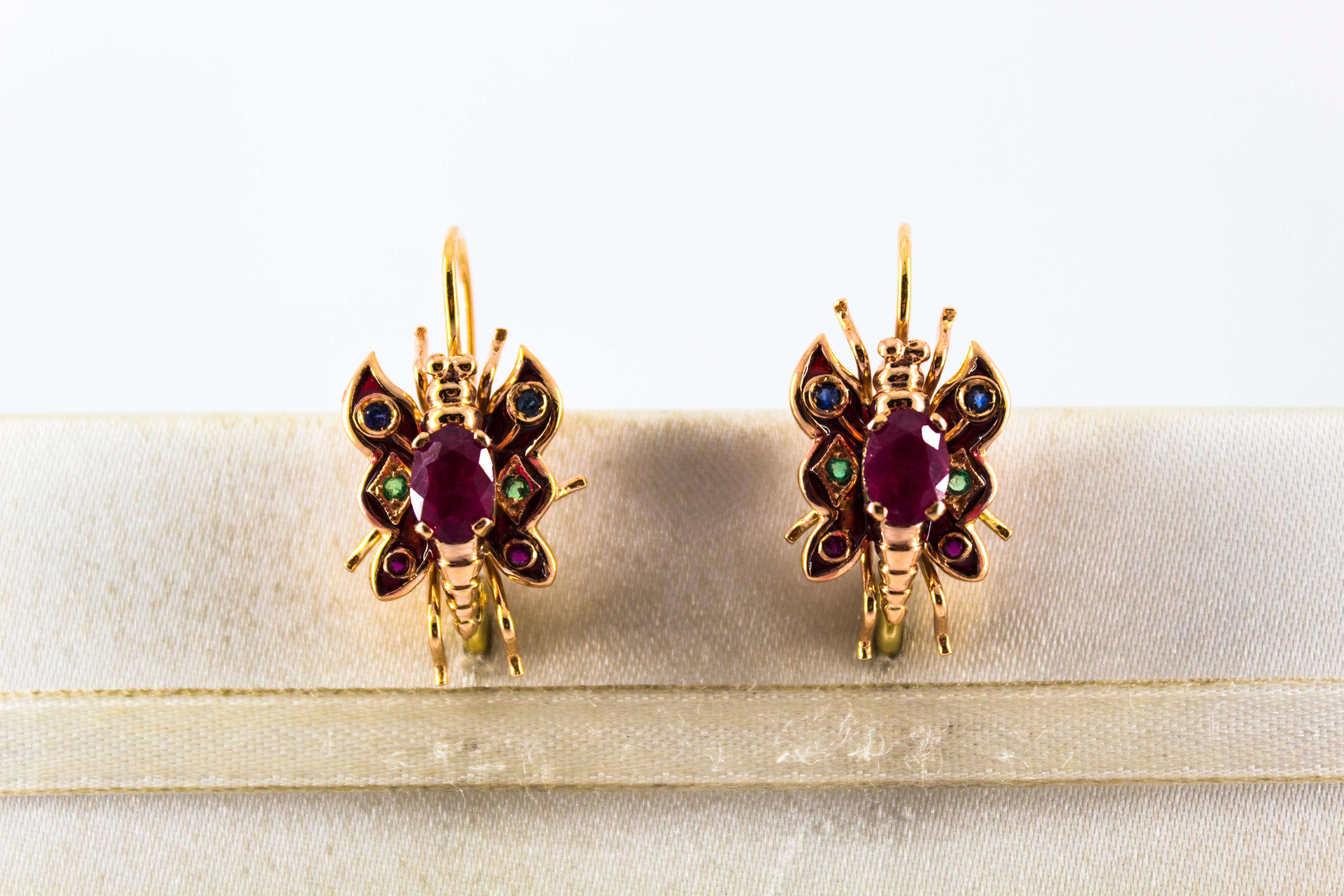 2.20 Carat Emerald Ruby Blue Sapphire Yellow Gold Lever Back Butterfly Earrings For Sale 5
